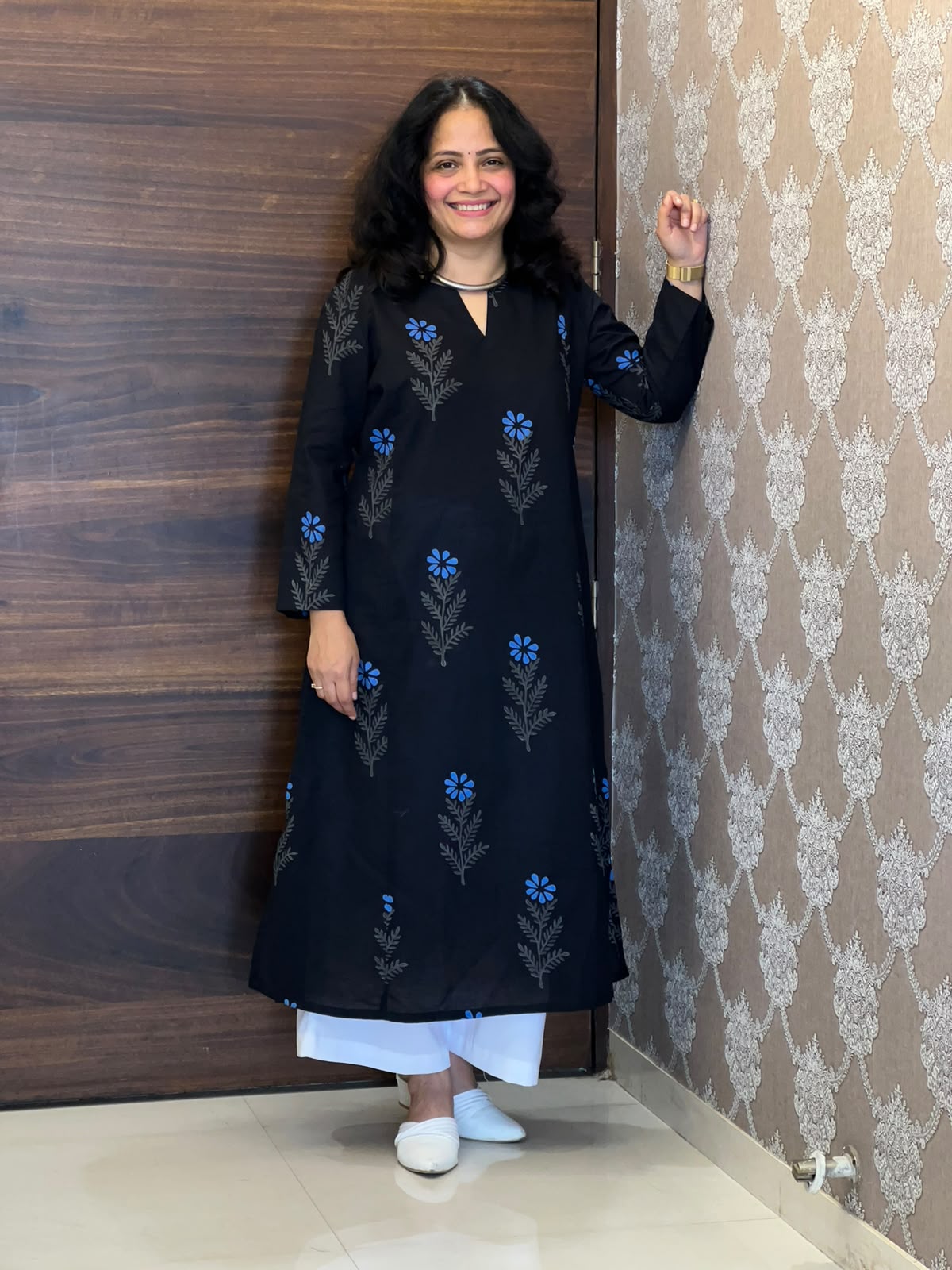 Black Color Hand Block Printed Dabu Cotton A Line Kurti