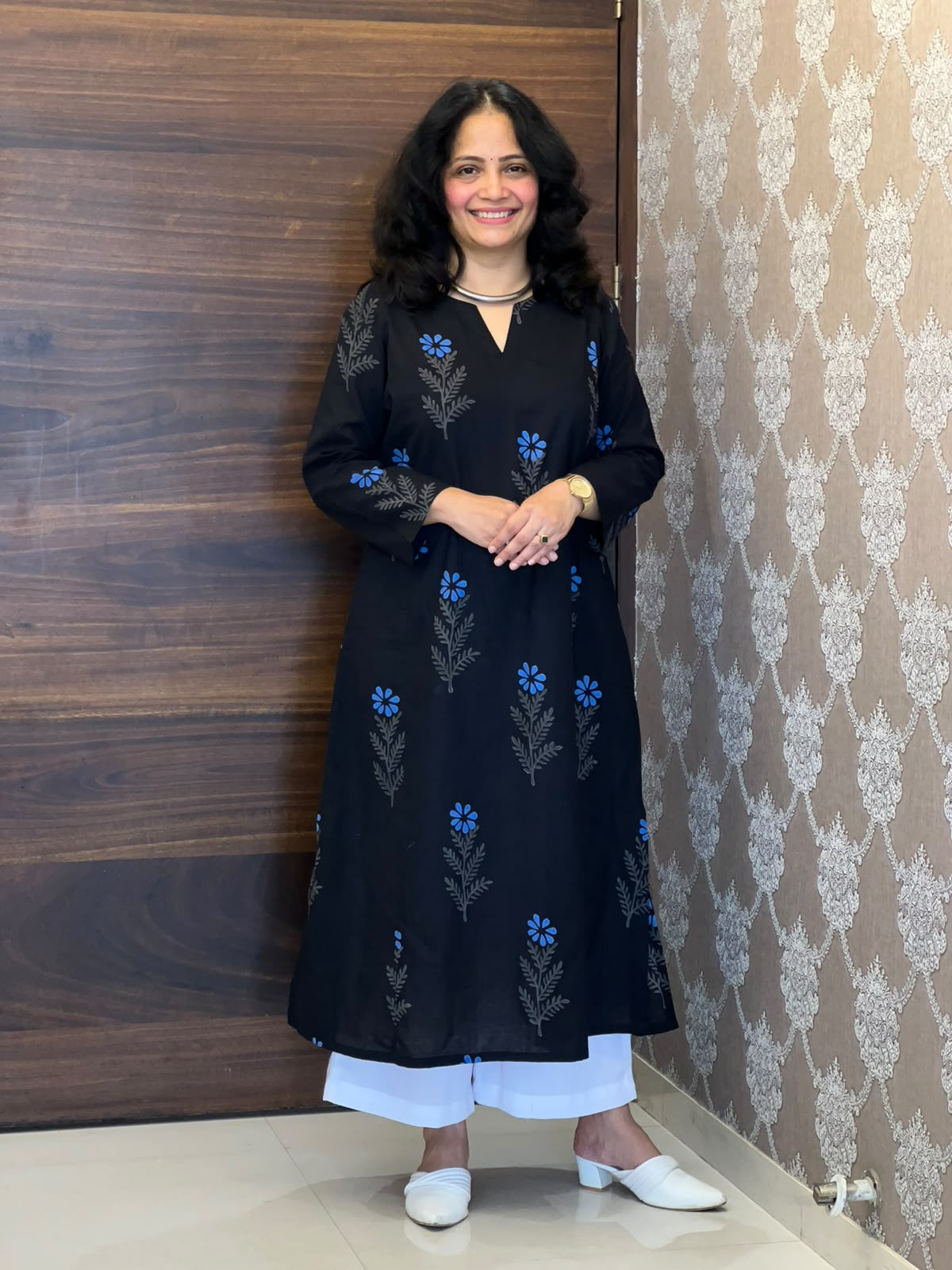 Black Color Hand Block Printed Dabu Cotton A Line Kurti