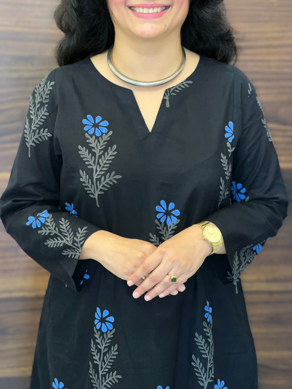 Black Color Hand Block Printed Dabu Cotton A Line Kurti