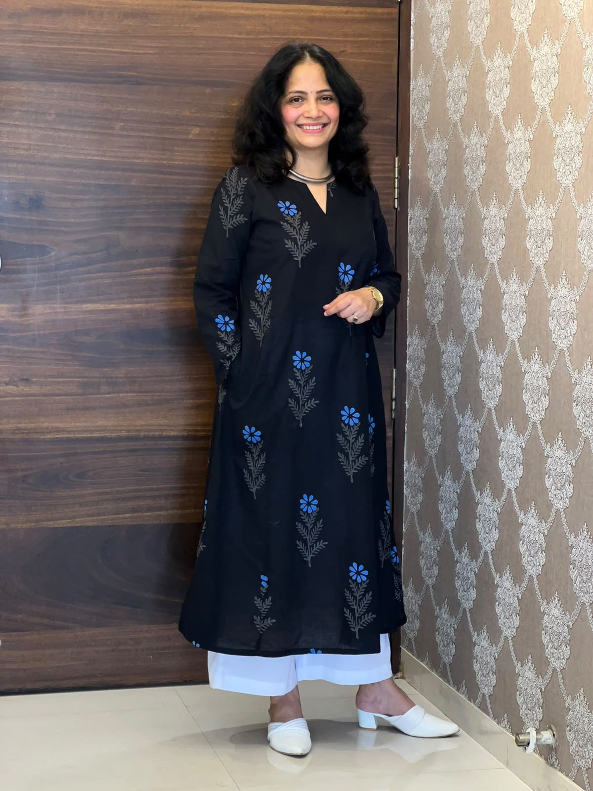 Black Color Hand Block Printed Dabu Cotton A Line Kurti