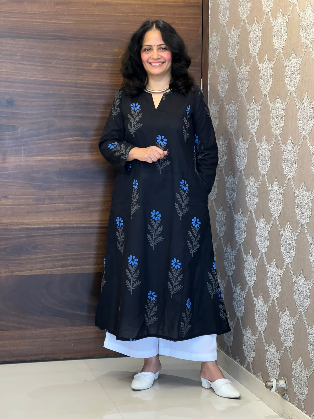 Black Color Hand Block Printed Dabu Cotton A Line Kurti