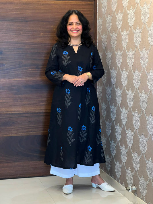 Black Color Hand Block Printed Dabu Cotton A Line Kurti