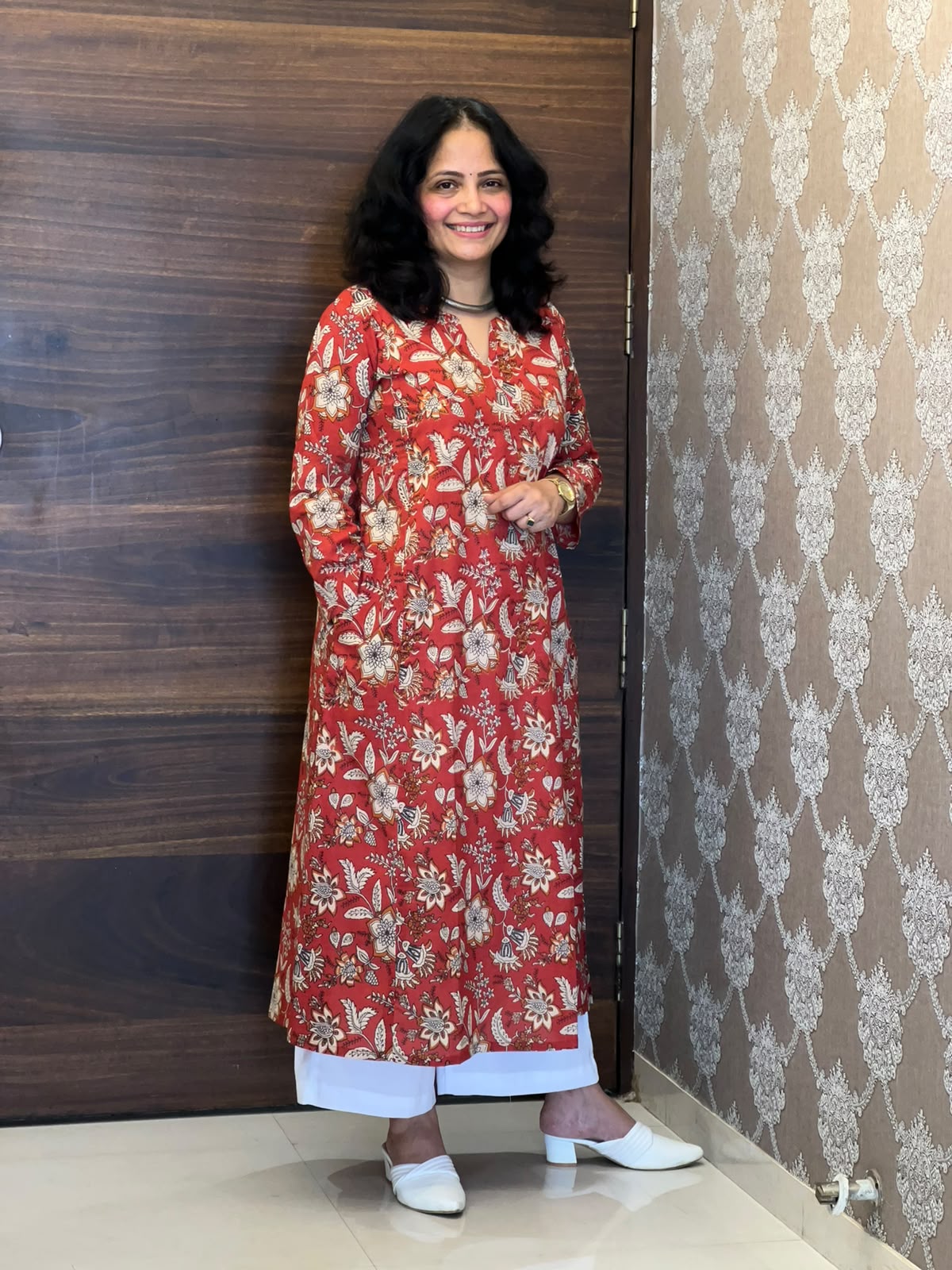Red Color Rapid Hand Block Pure Cotton A Line Kurti