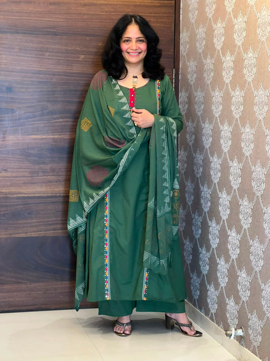 Forest Green Colour Pure Cotton Dupatta Set