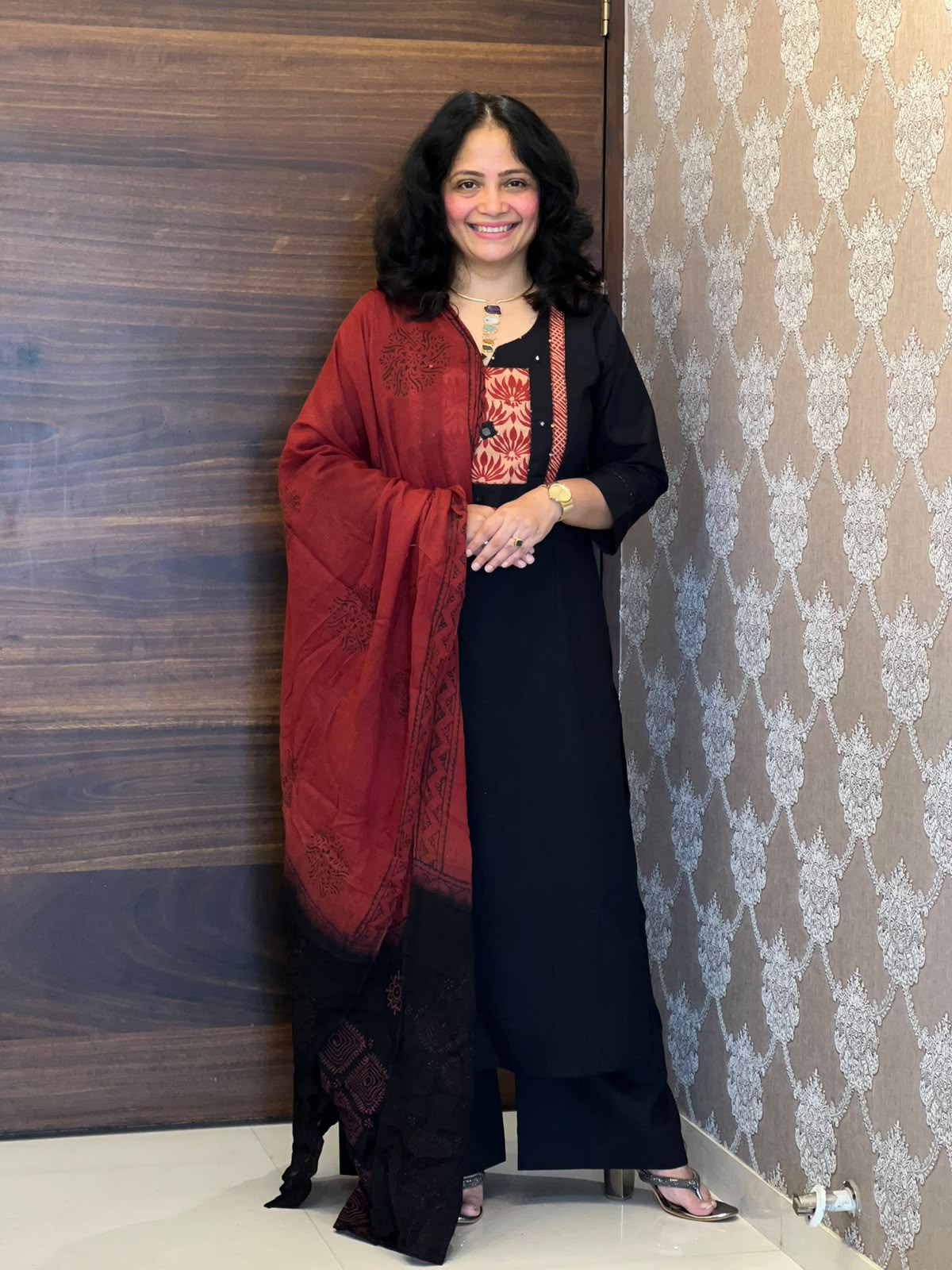 Black Color Work Dabu Cotton Dupatta Set