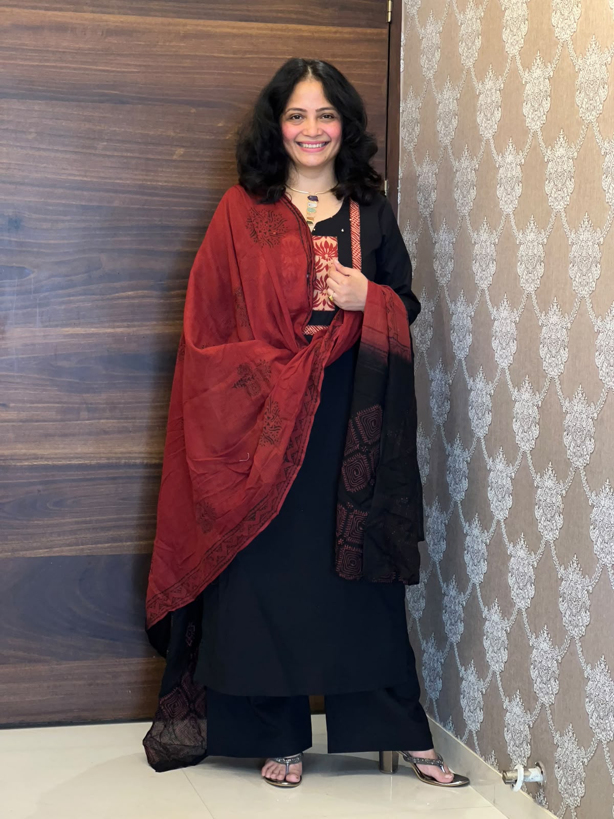 Black Color Work Dabu Cotton Dupatta Set