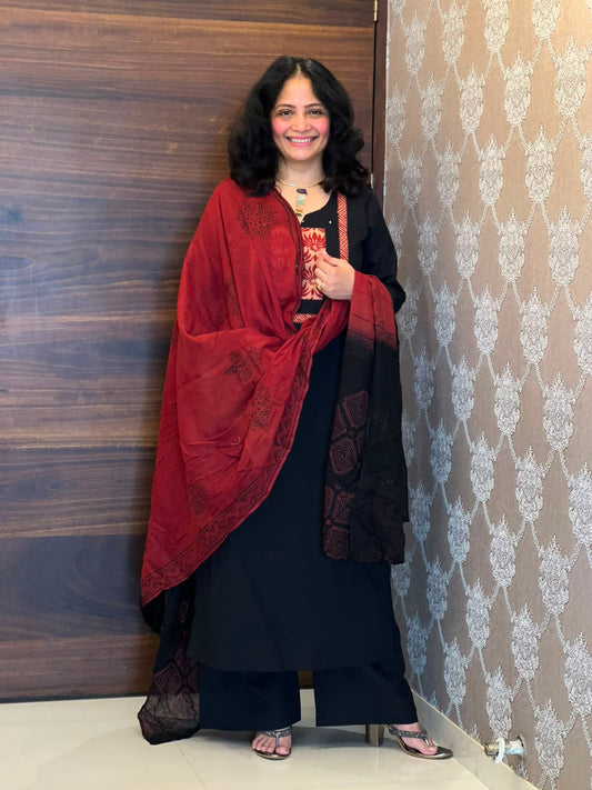 Black Color Work Dabu Cotton Dupatta Set