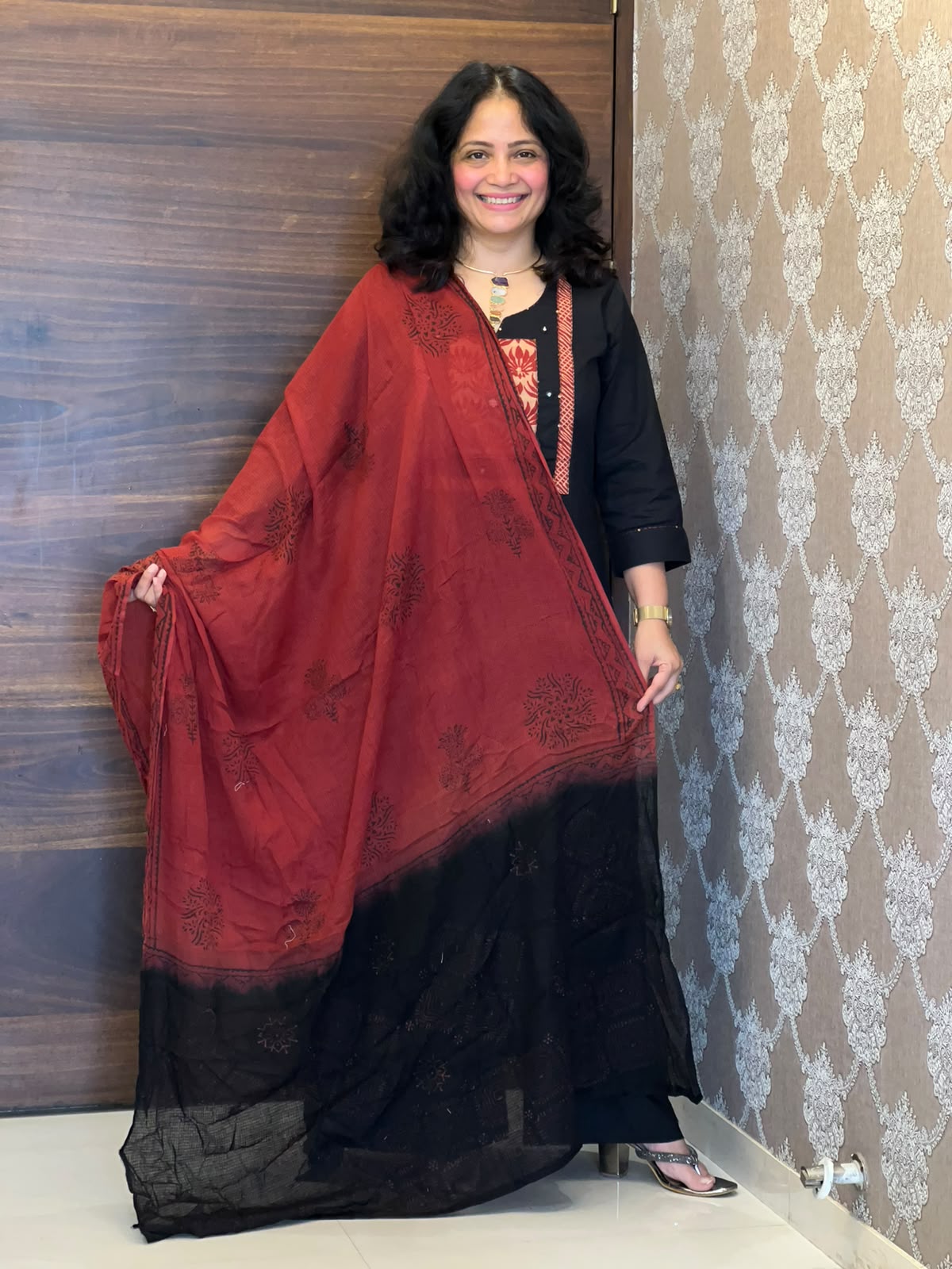 Black Color Work Dabu Cotton Dupatta Set