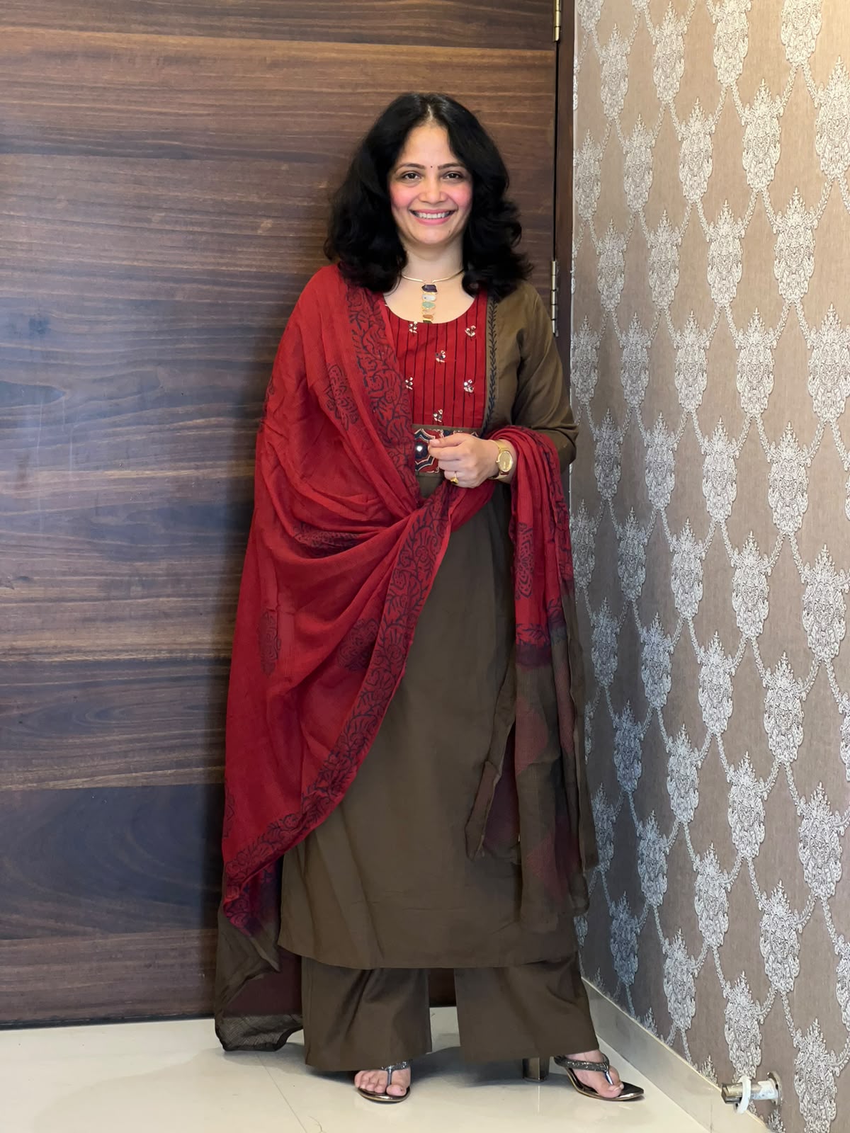 Deep Olive Brown Color Work Dabu Cotton Dupatta Set