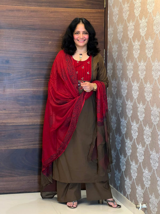 Deep Olive Brown Color Work Dabu Cotton Dupatta Set