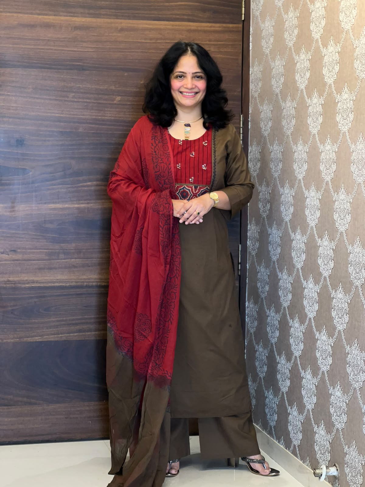 Deep Olive Brown Color Work Dabu Cotton Dupatta Set