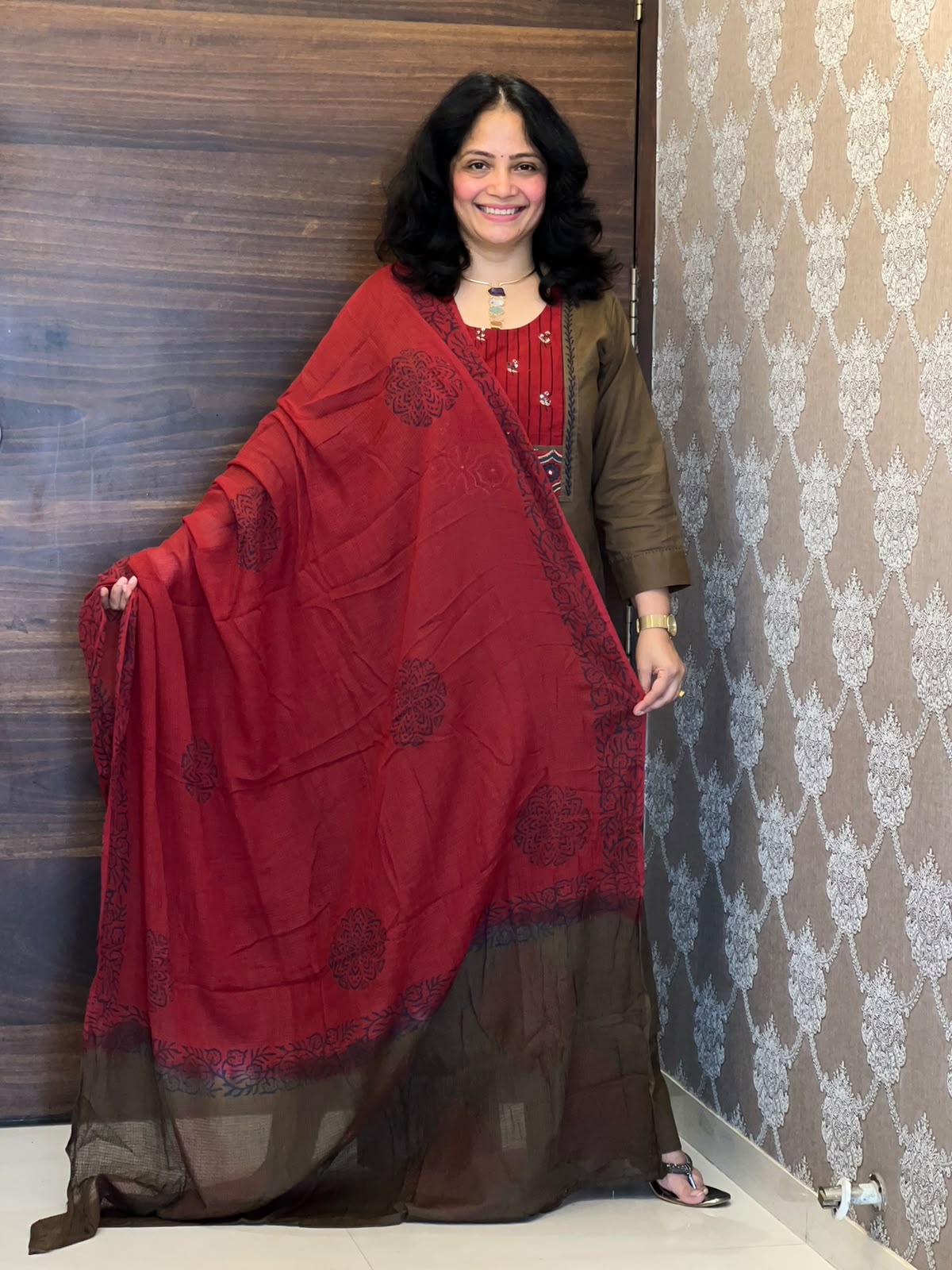 Deep Olive Brown Color Work Dabu Cotton Dupatta Set