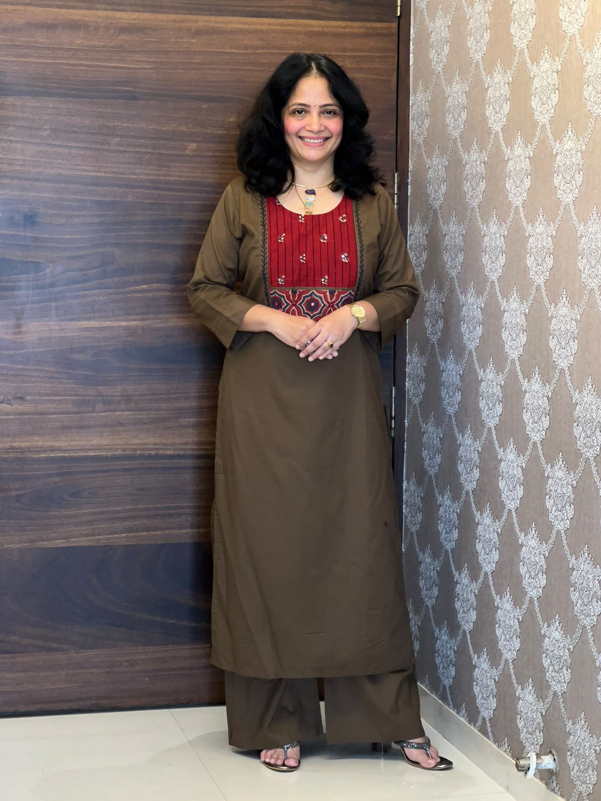 Deep Olive Brown Color Work Dabu Cotton Dupatta Set