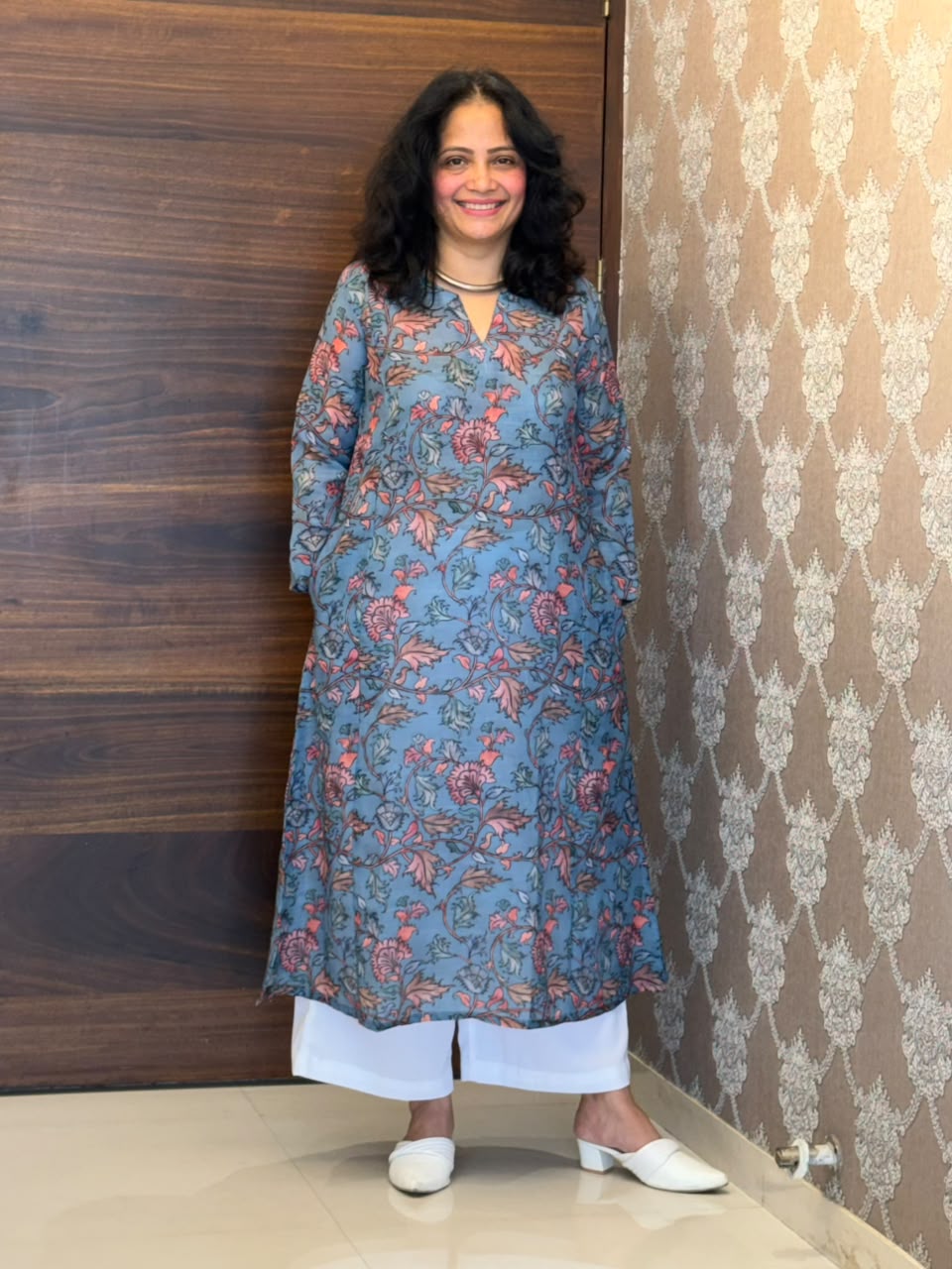 Dusty Slate Blue Colour Linen A-Line Kurti -Round Neck