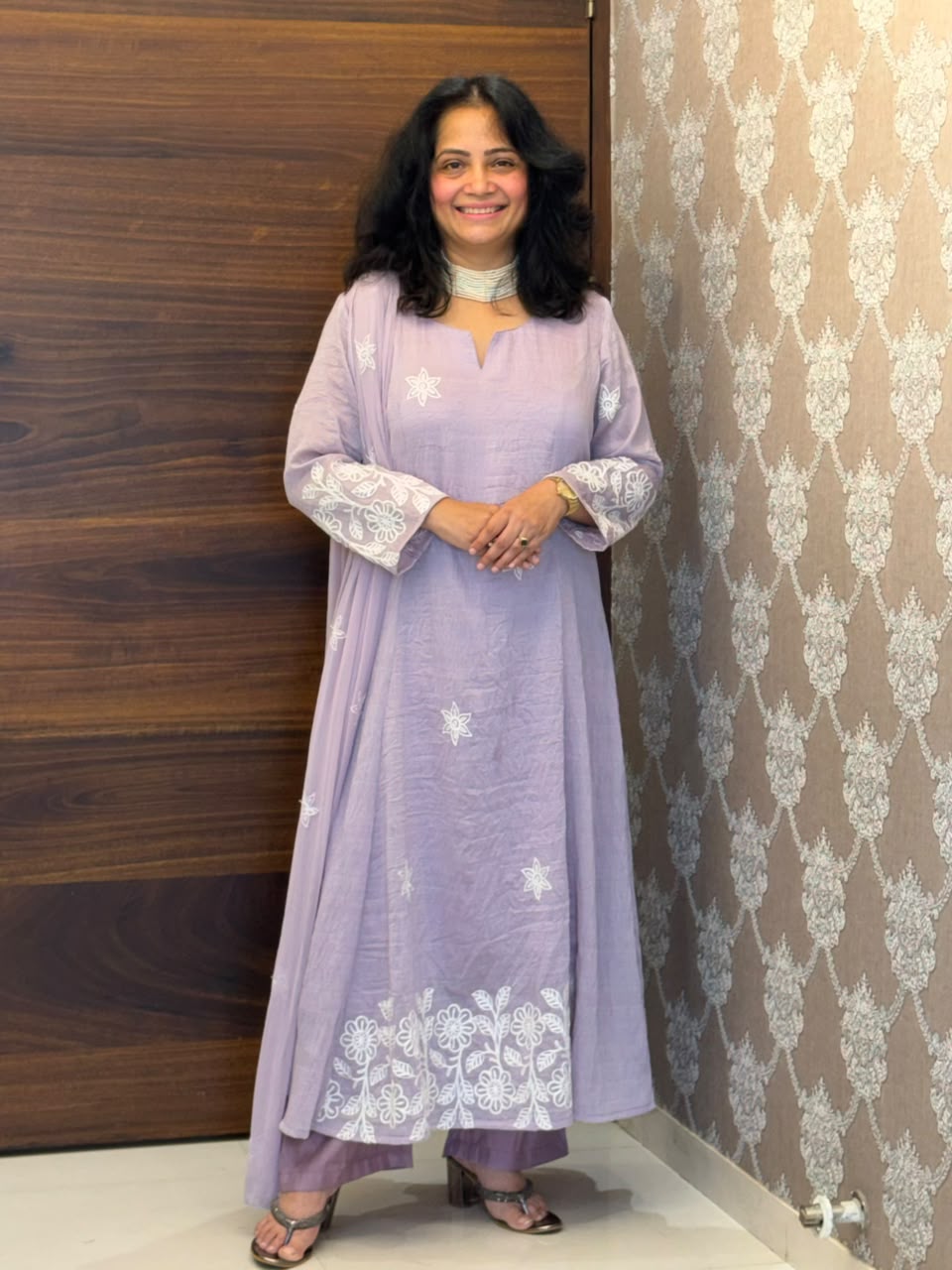 Pastel Lavender Color Mul Chanderi Dupatta Set