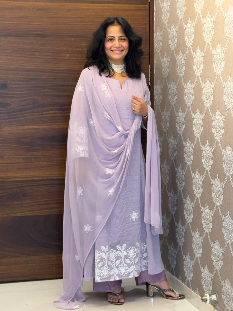 Pastel Lavender Color Mul Chanderi Dupatta Set