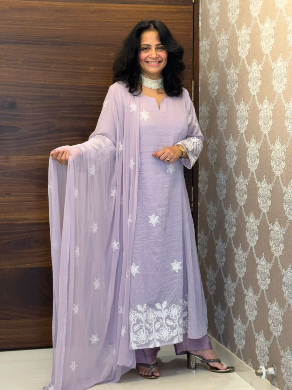 Pastel Lavender Color Mul Chanderi Dupatta Set