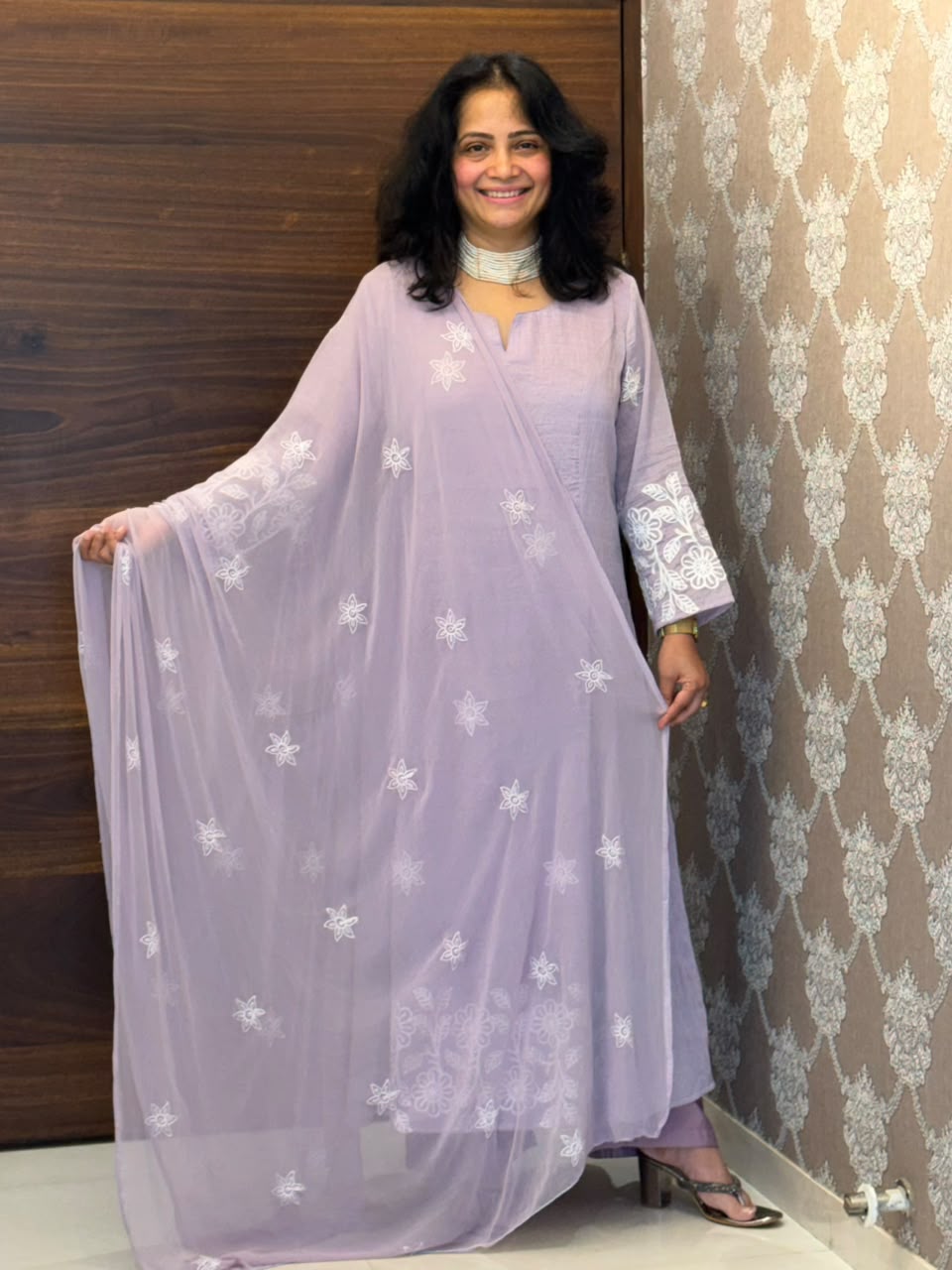 Pastel Lavender Color Mul Chanderi Dupatta Set