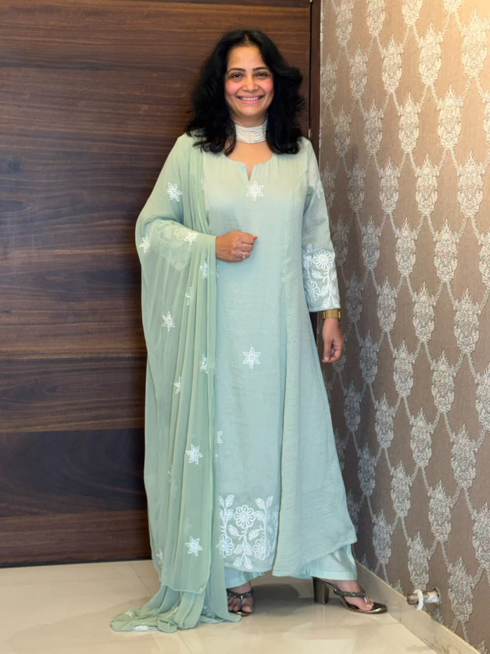Pastel Mint Green Color Mul Chanderi Dupatta Set