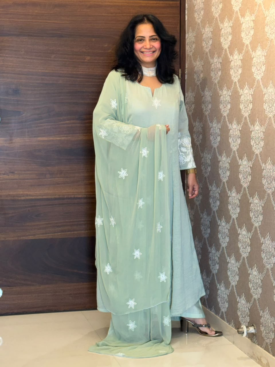 Pastel Mint Green Color Mul Chanderi Dupatta Set