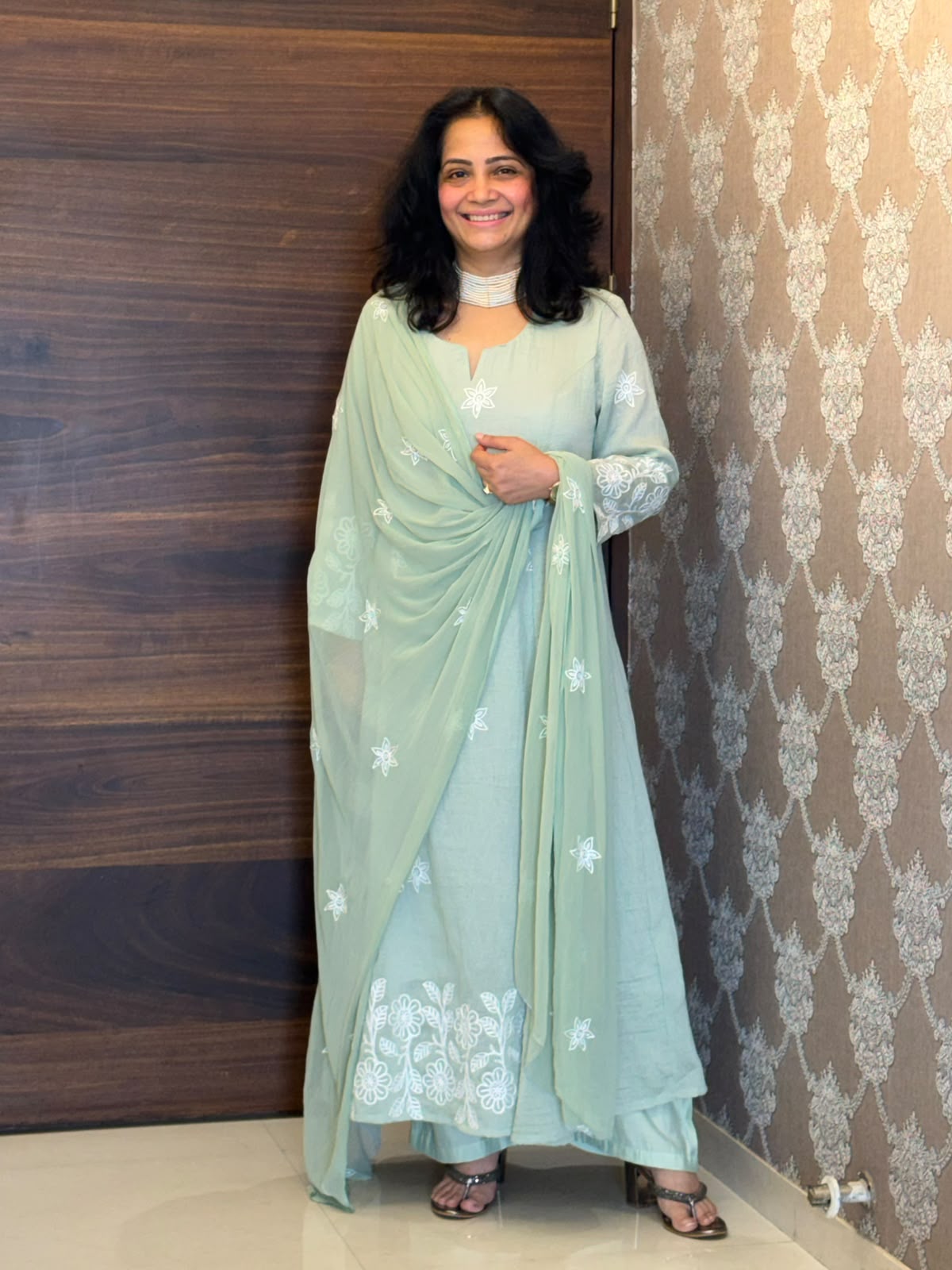 Pastel Mint Green Color Mul Chanderi Dupatta Set