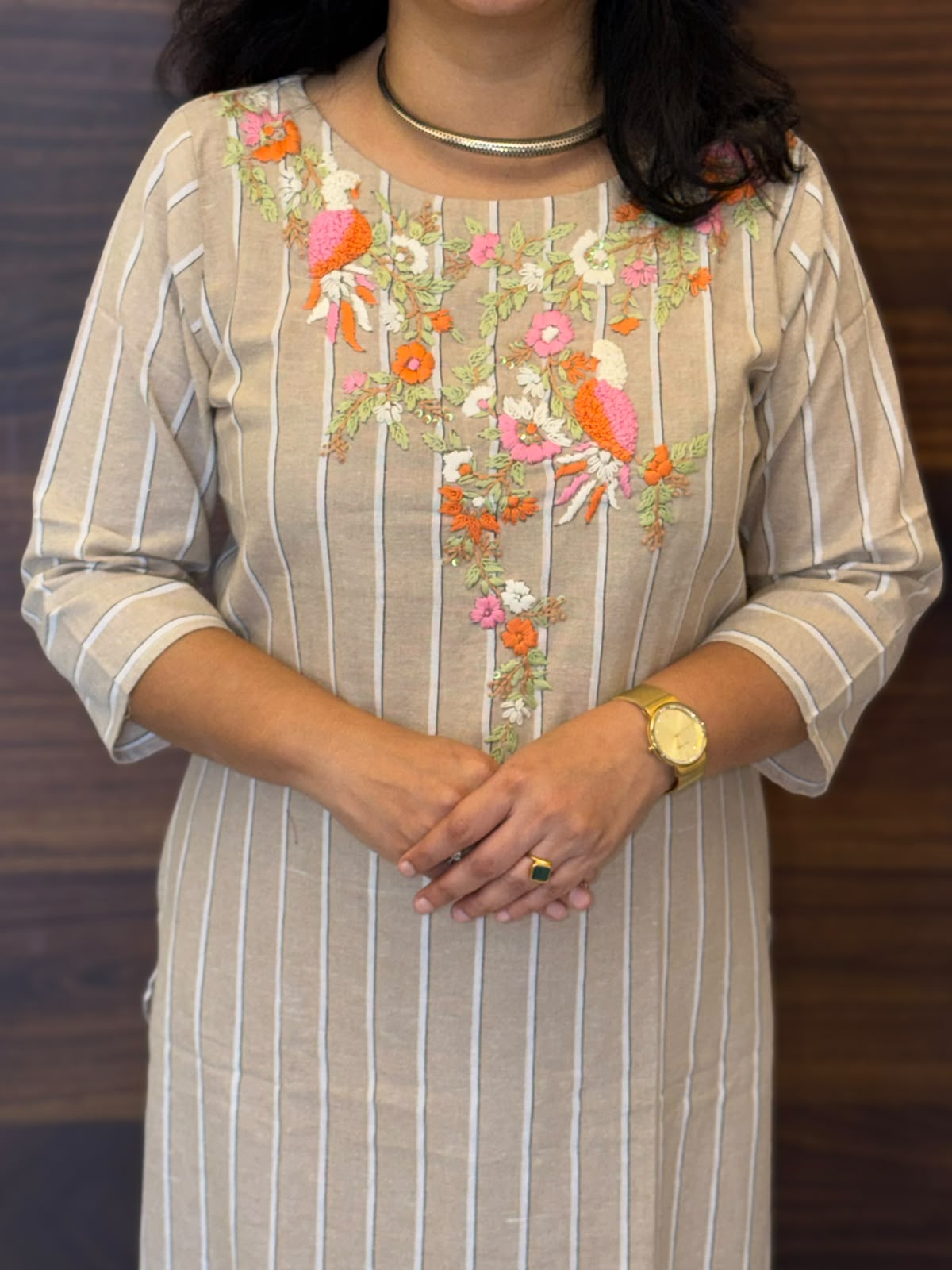Light Greige Color Handloom Cotton Kurti-Pant Set