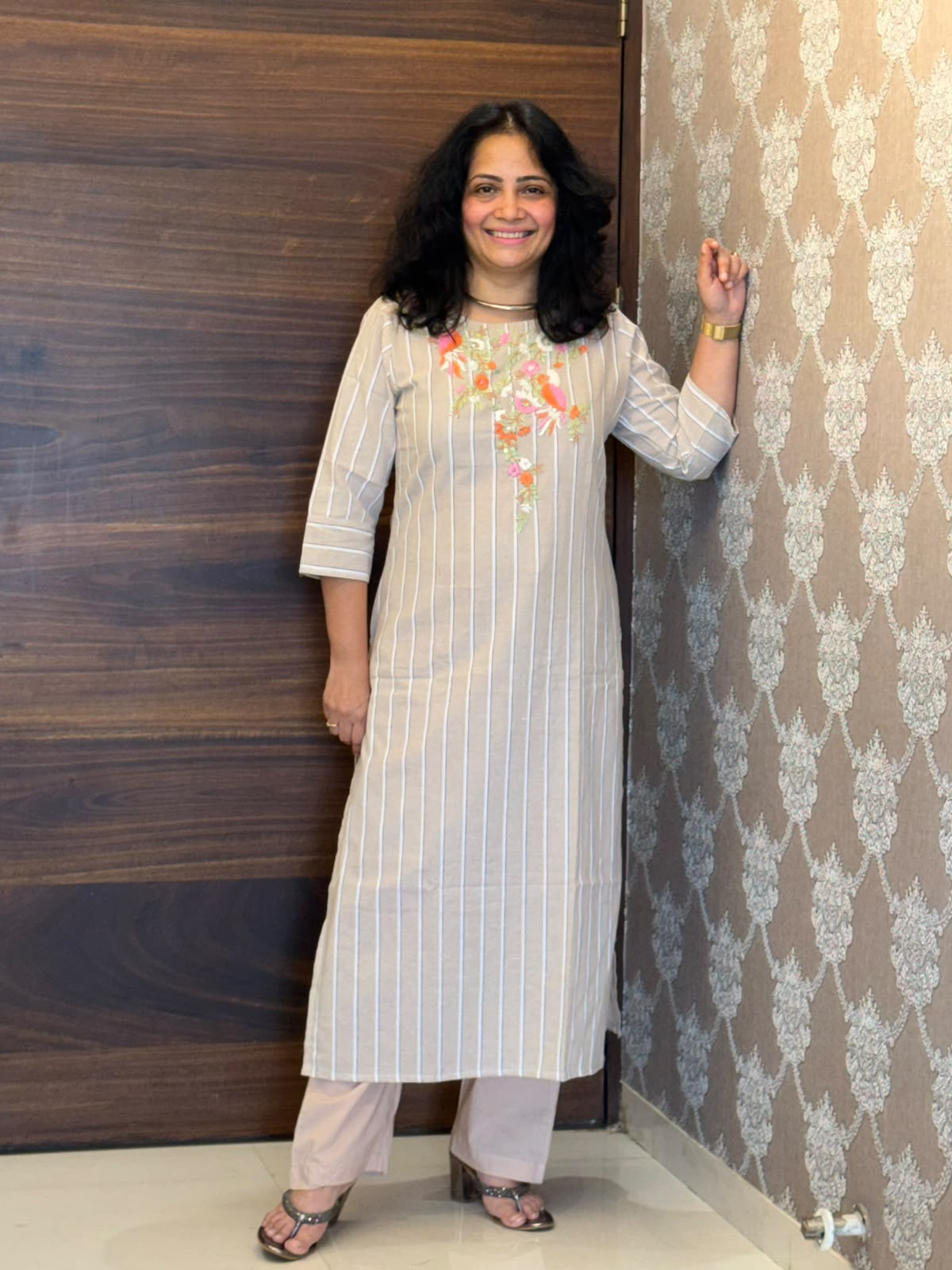 Light Greige Color Handloom Cotton Kurti-Pant Set