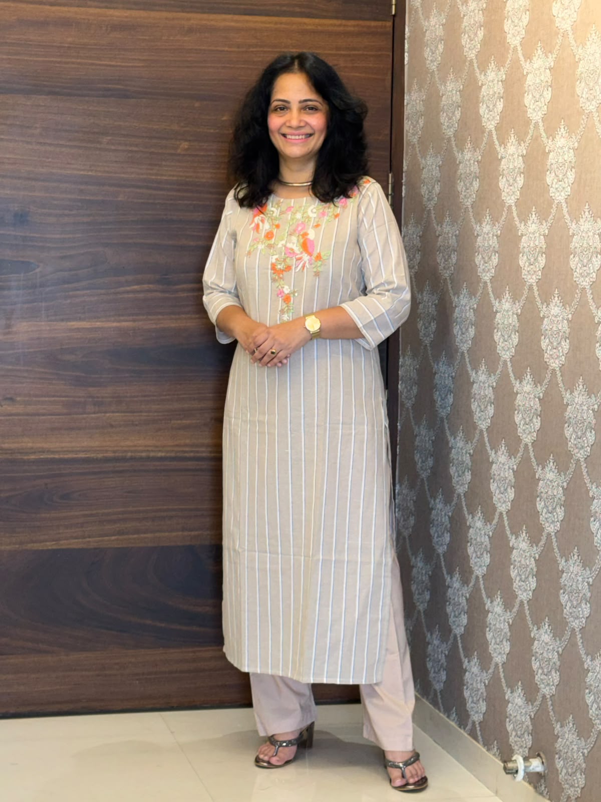 Light Greige Color Handloom Cotton Kurti-Pant Set