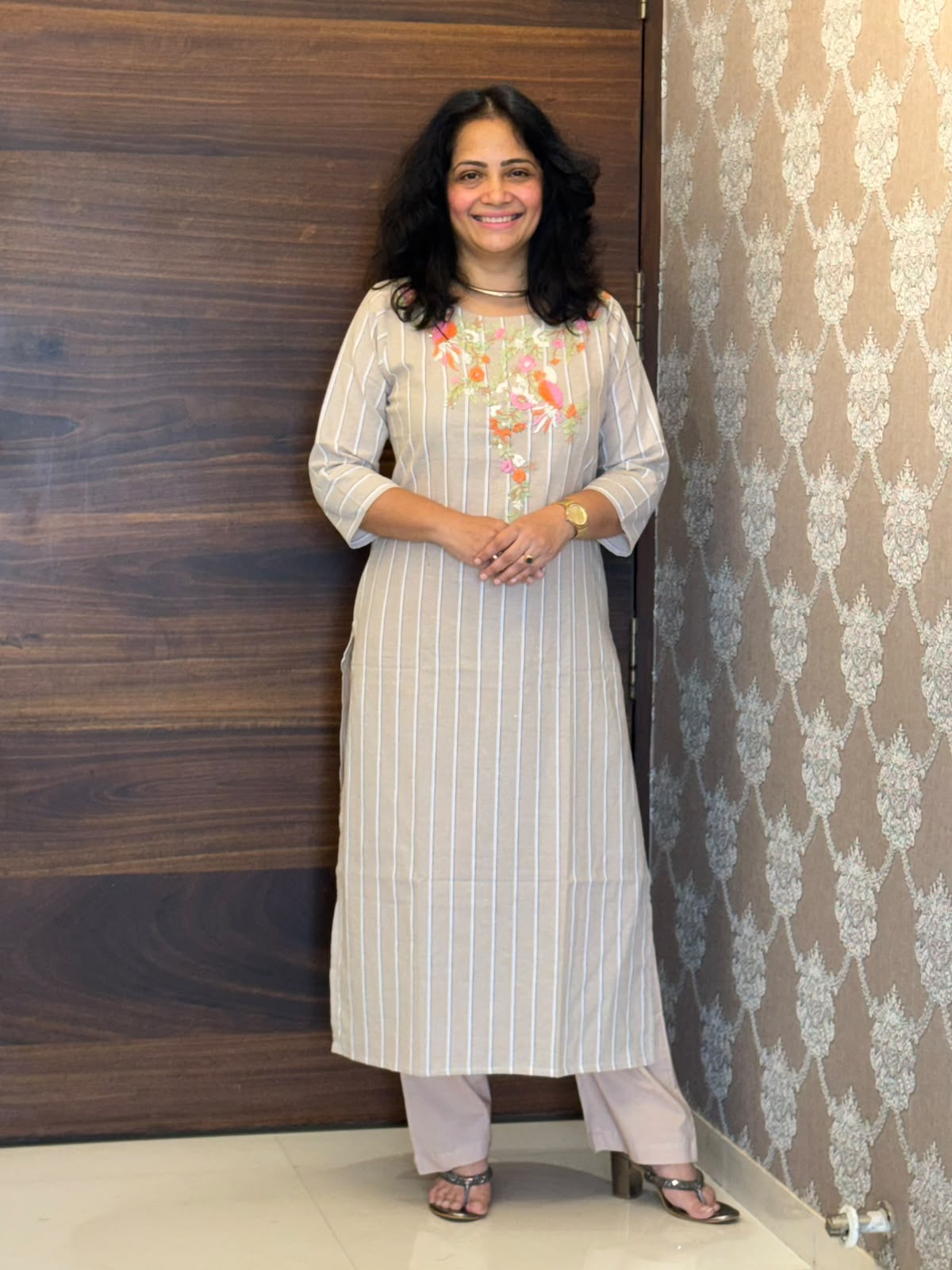 Light Greige Color Handloom Cotton Kurti-Pant Set