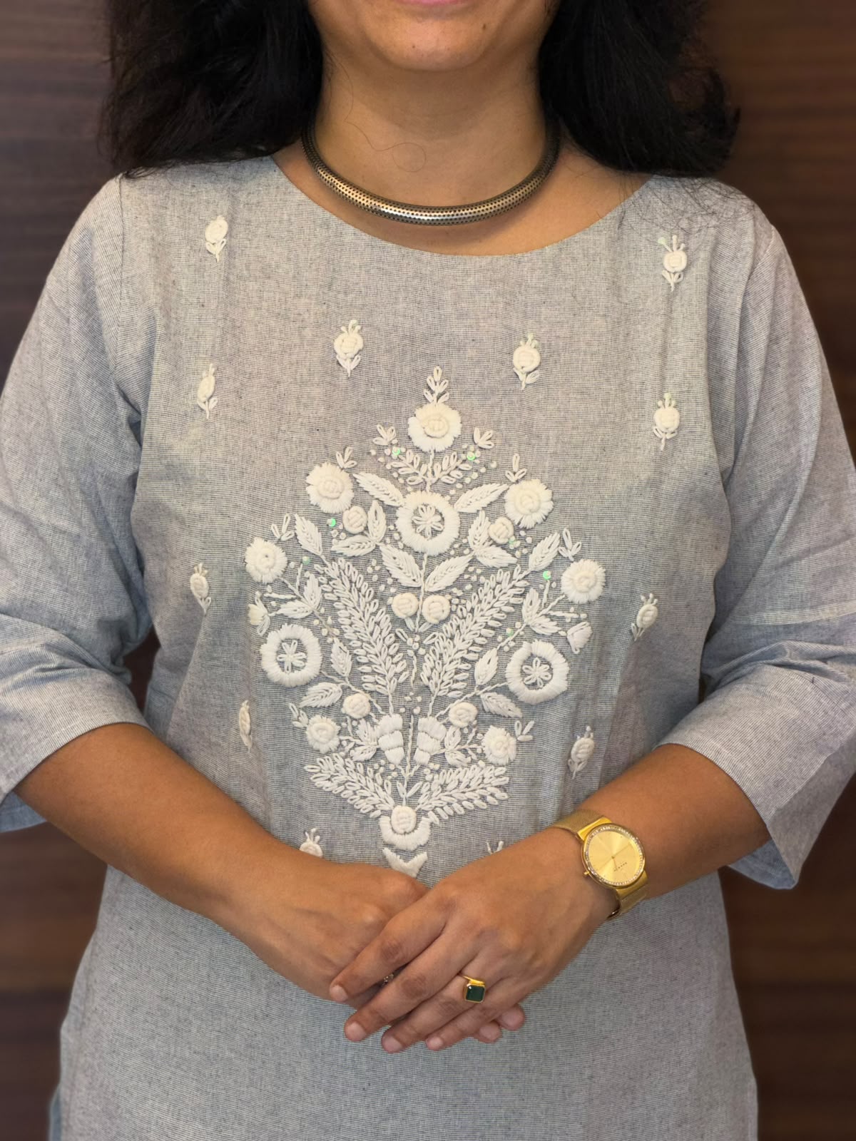 Grey Color Handloom Cotton Kurti-Pant Set