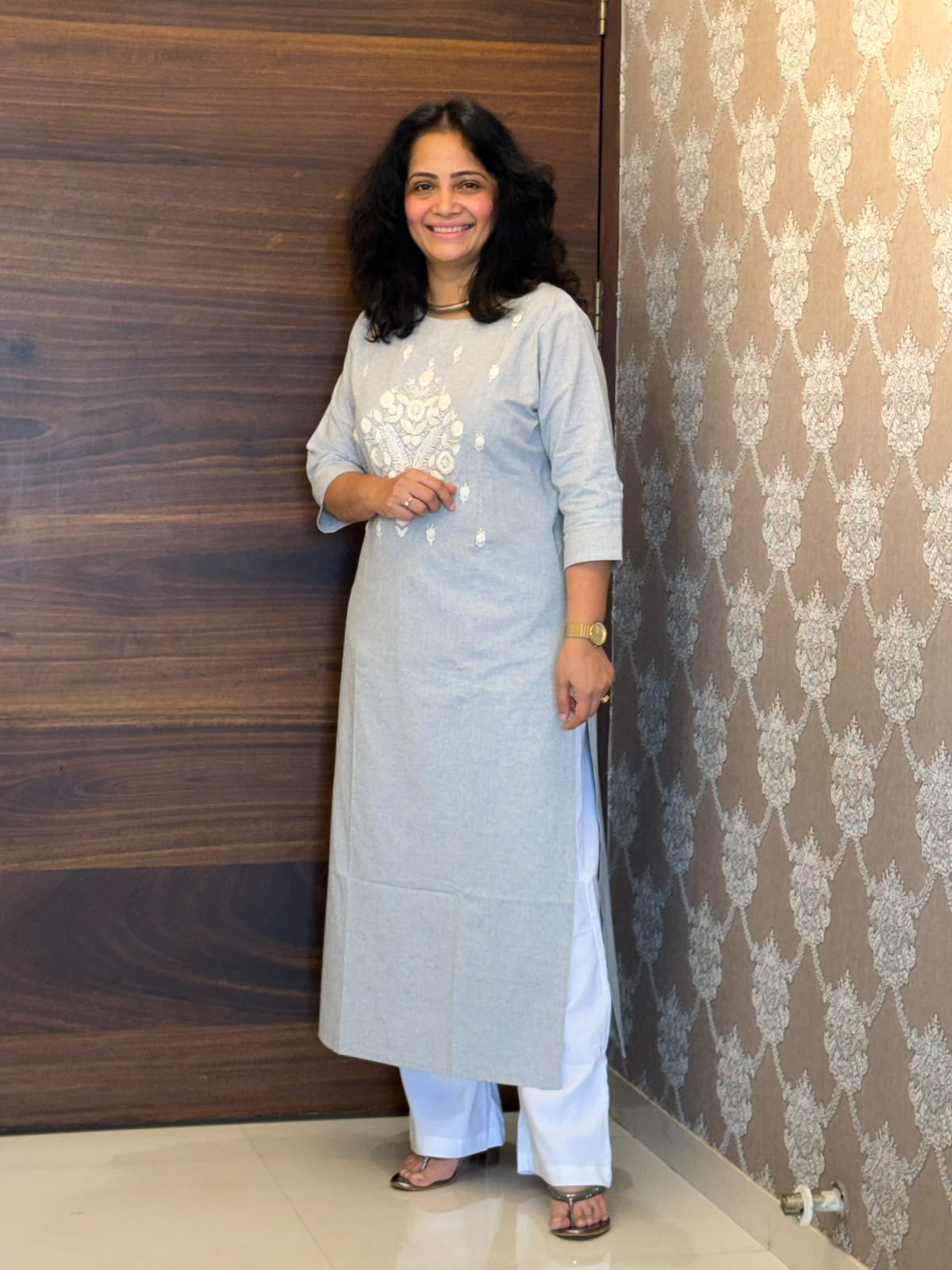 Grey Color Handloom Cotton Kurti-Pant Set