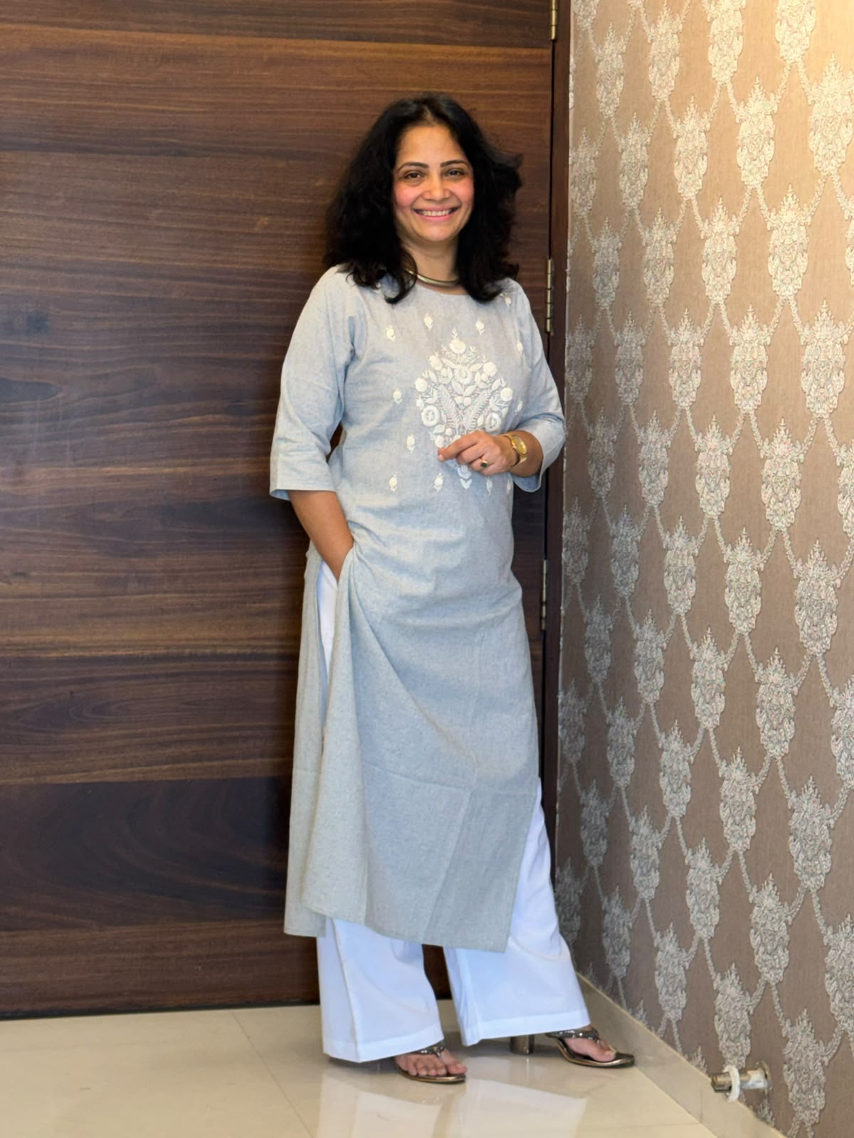 Grey Color Handloom Cotton Kurti-Pant Set