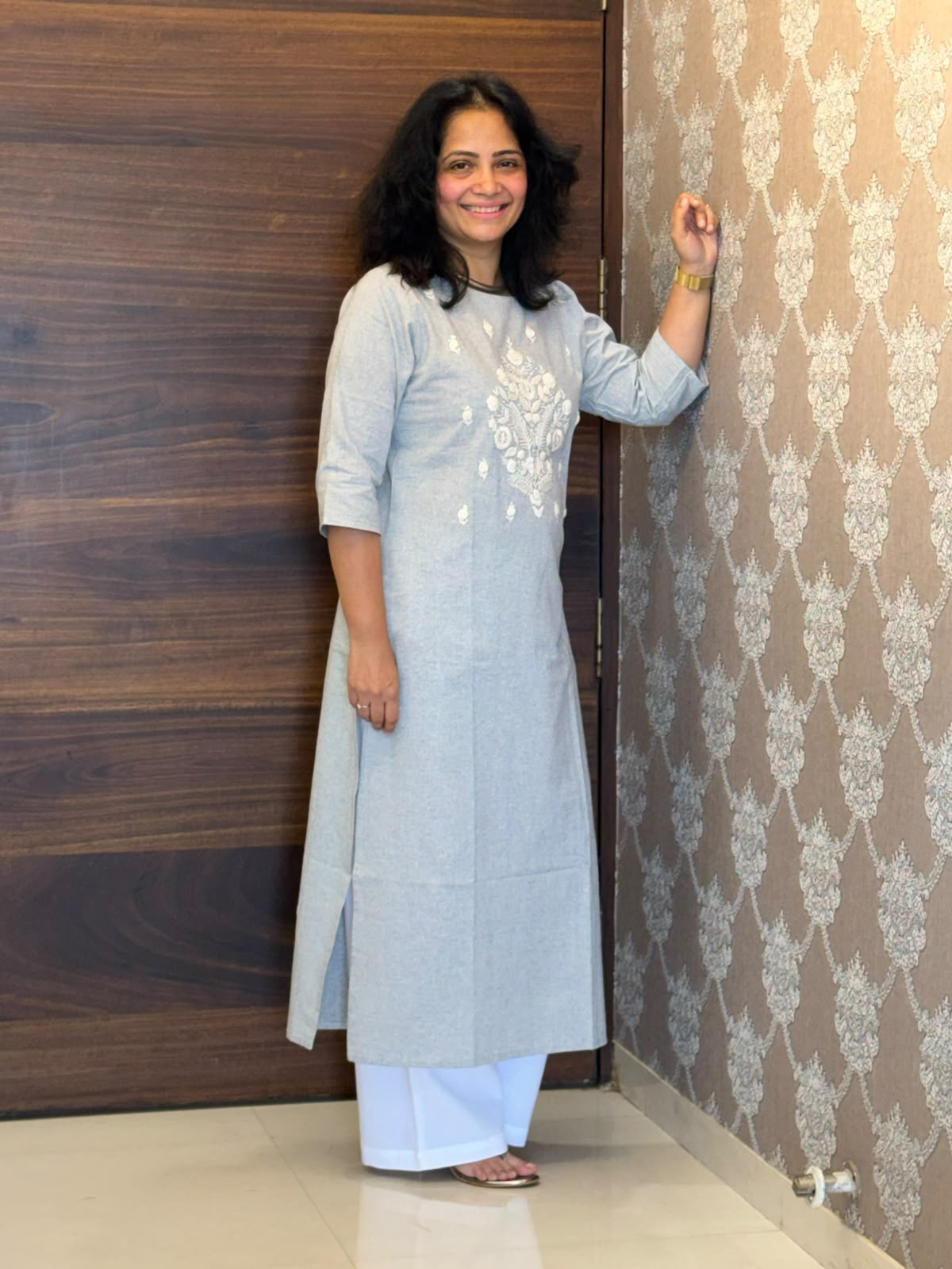 Grey Color Handloom Cotton Kurti-Pant Set