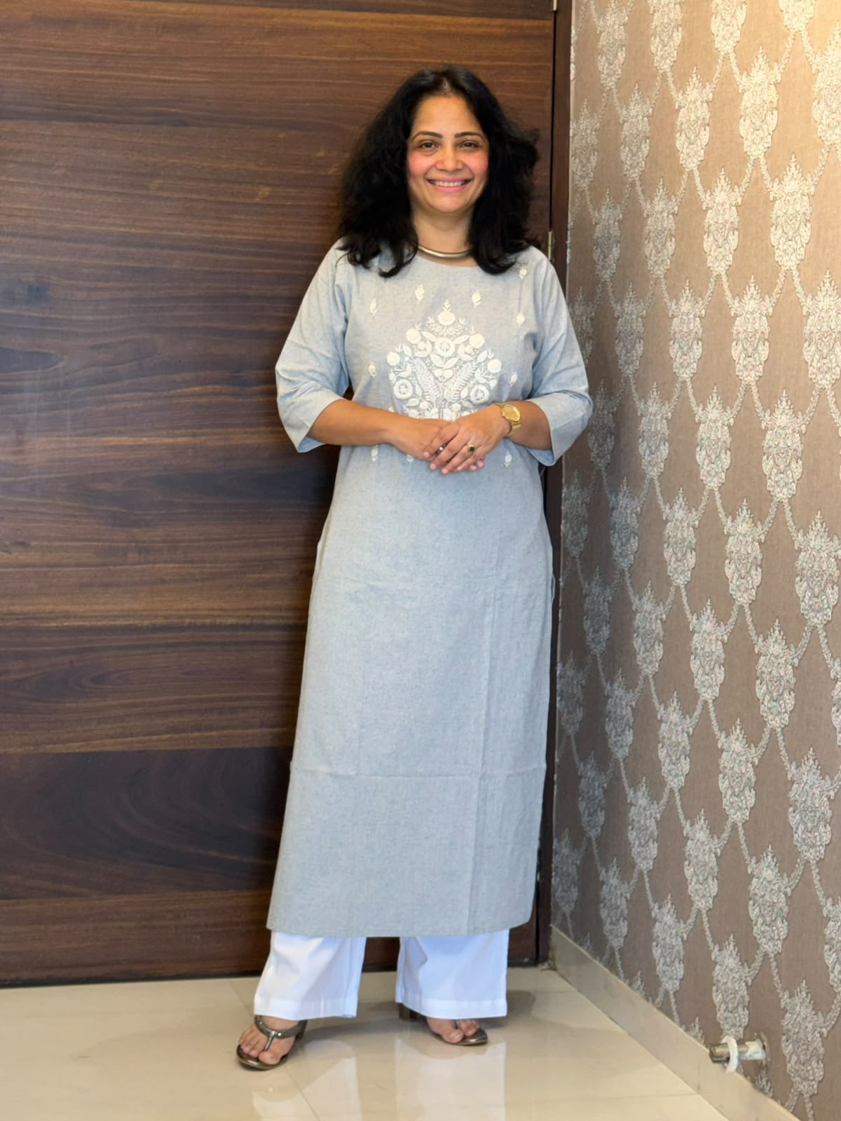 Grey Color Handloom Cotton Kurti-Pant Set