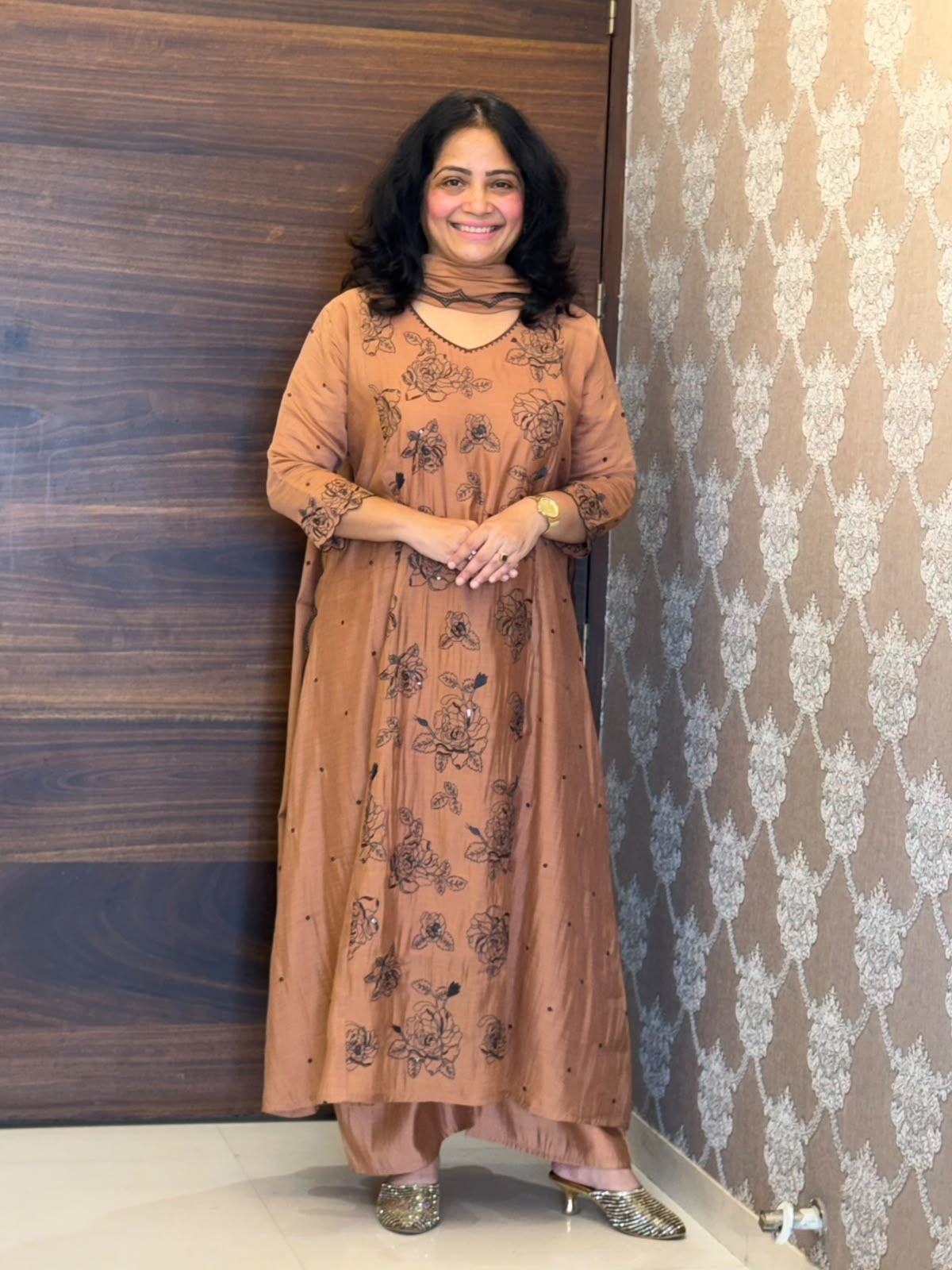 Cinnamon Brown Color Mul Chanderi Dupatta Set