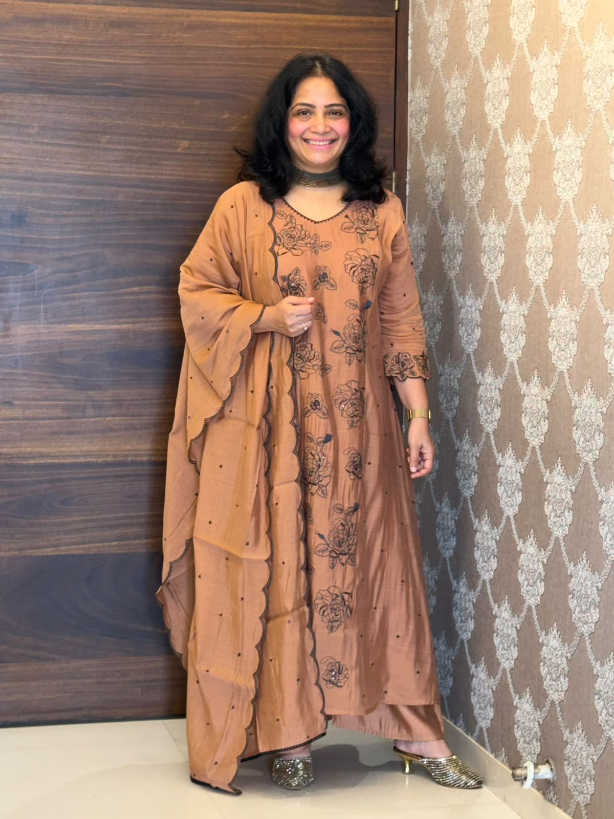 Cinnamon Brown Color Mul Chanderi Dupatta Set