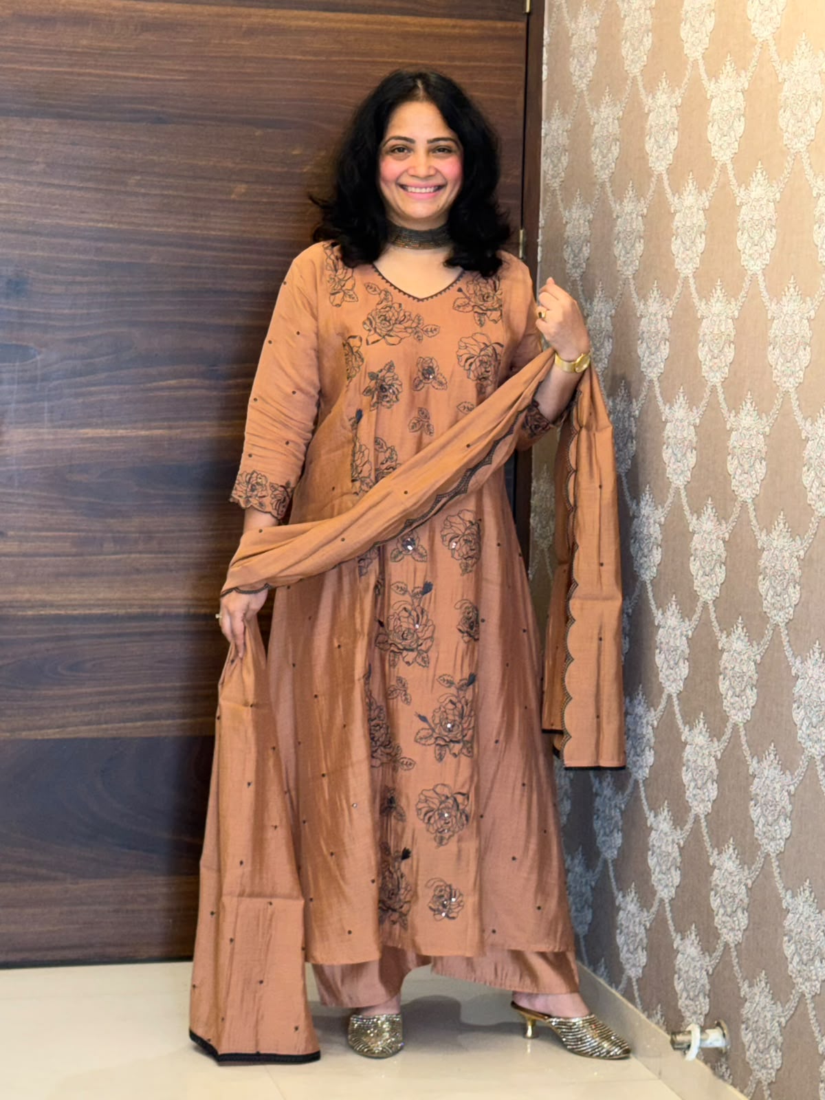 Cinnamon Brown Color Mul Chanderi Dupatta Set