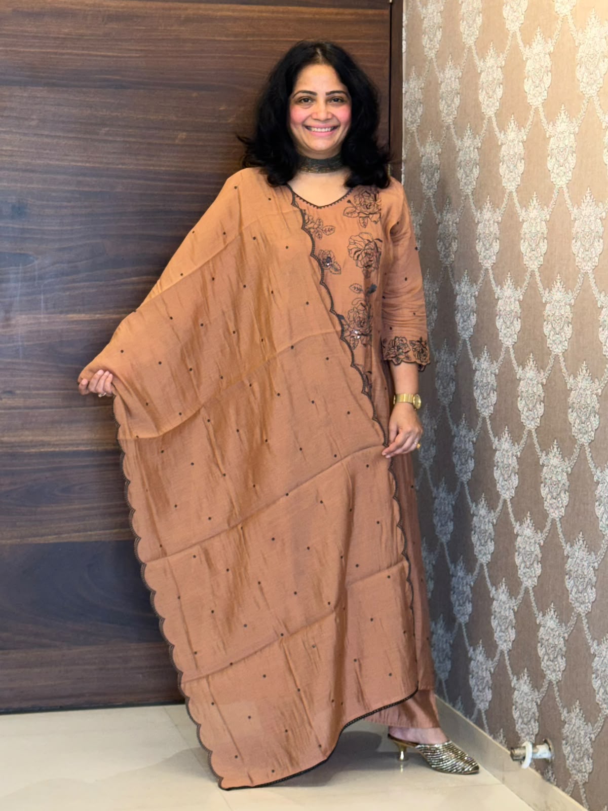 Cinnamon Brown Color Mul Chanderi Dupatta Set