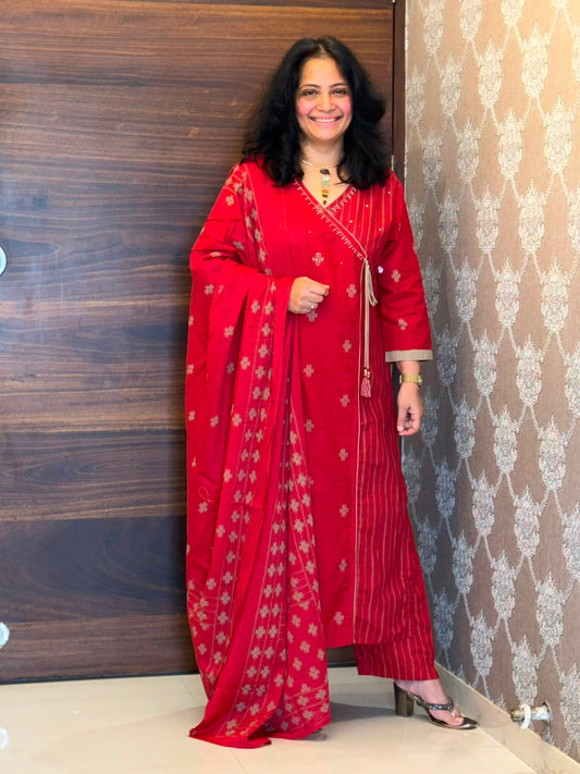 Rust Color Angrakha Pure Cotton Dupatta Set