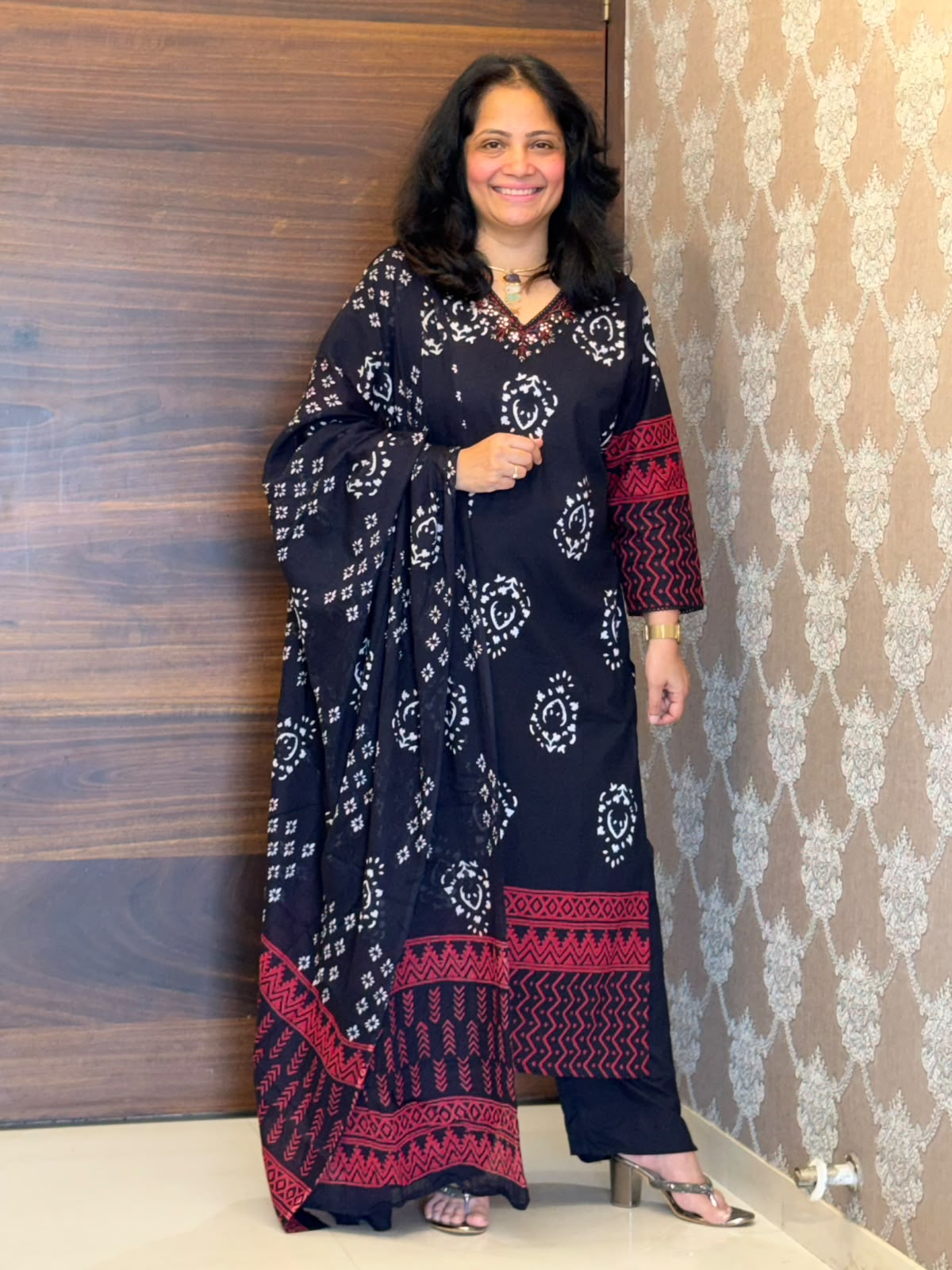 Black Color Block-Printed Pure Cotton Dupatta Set- Style 3