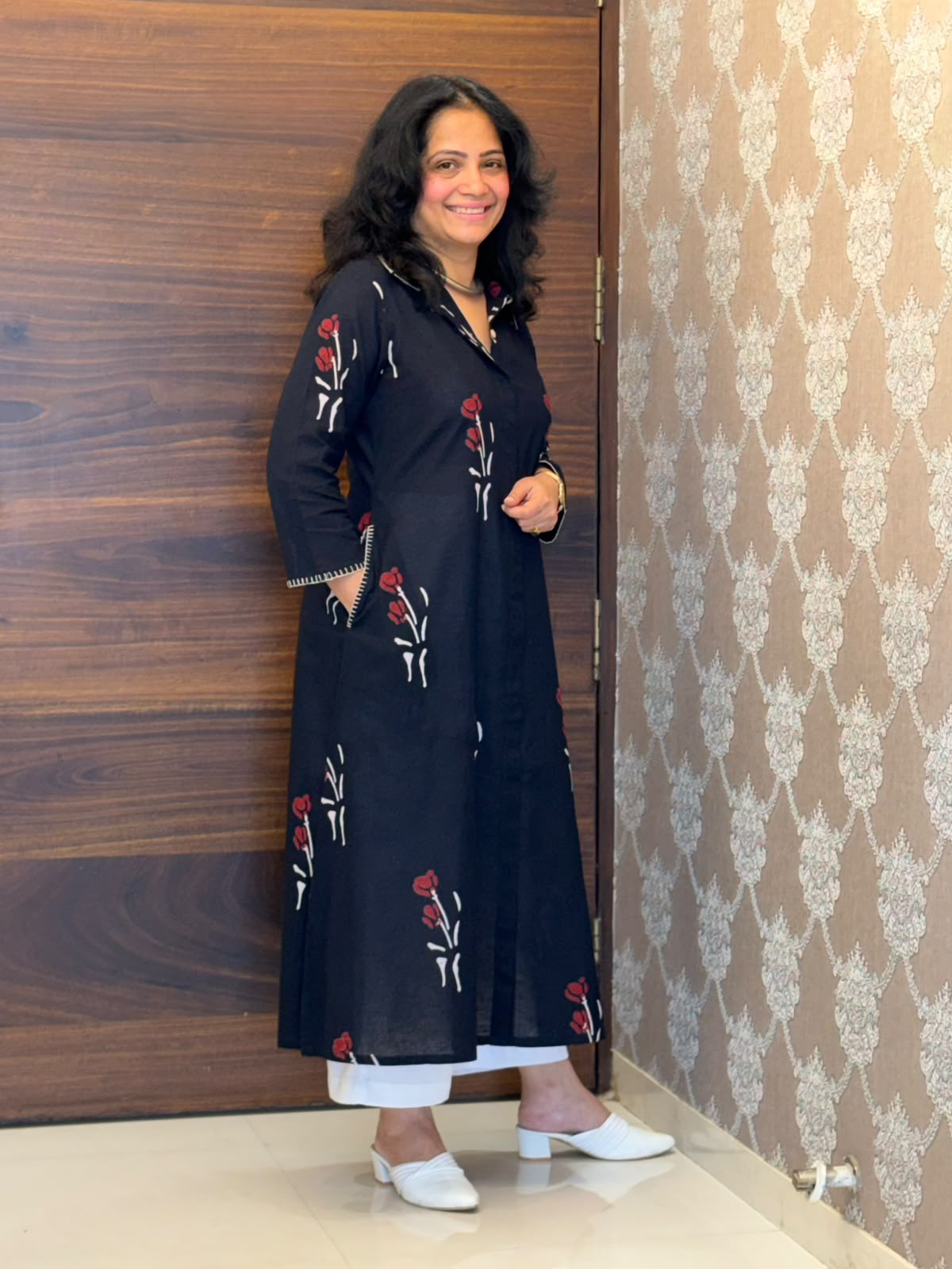 Black Color Hand Block Printed Dabu Cotton A Line Kurti