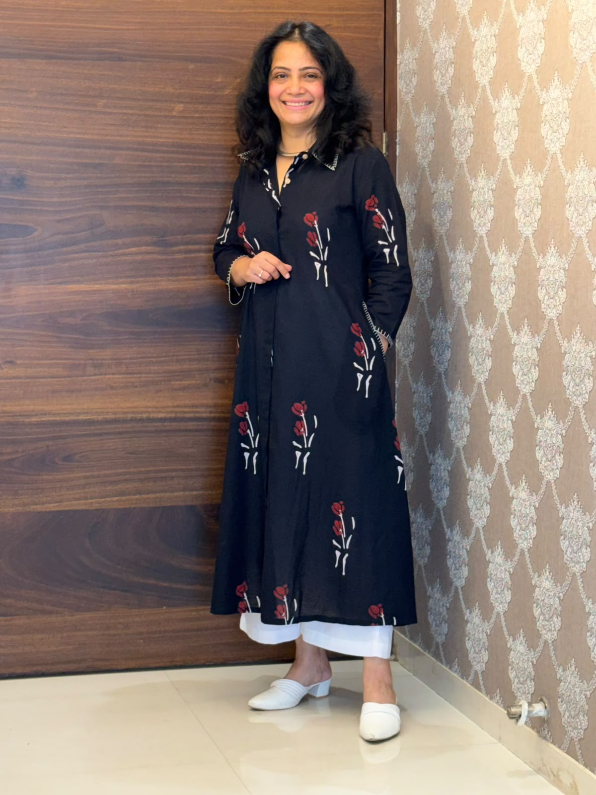 Black Color Hand Block Printed Dabu Cotton A Line Kurti
