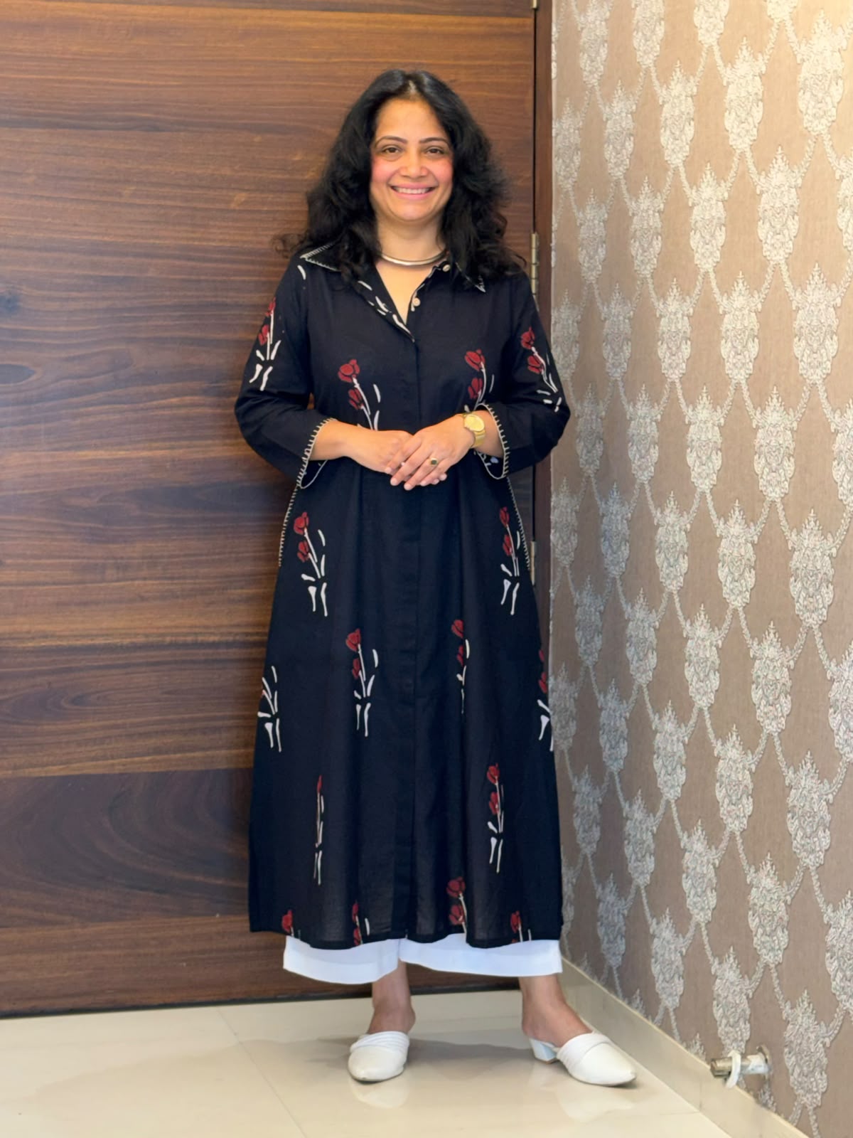 Black Color Hand Block Printed Dabu Cotton A Line Kurti