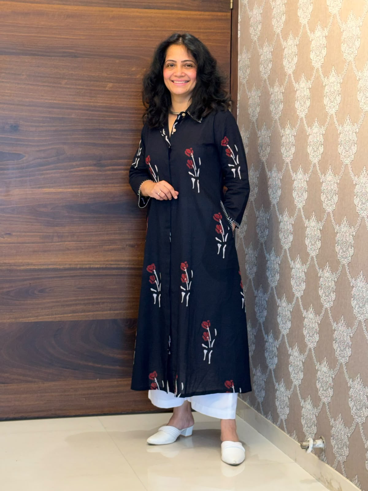 Black Color Hand Block Printed Dabu Cotton A Line Kurti