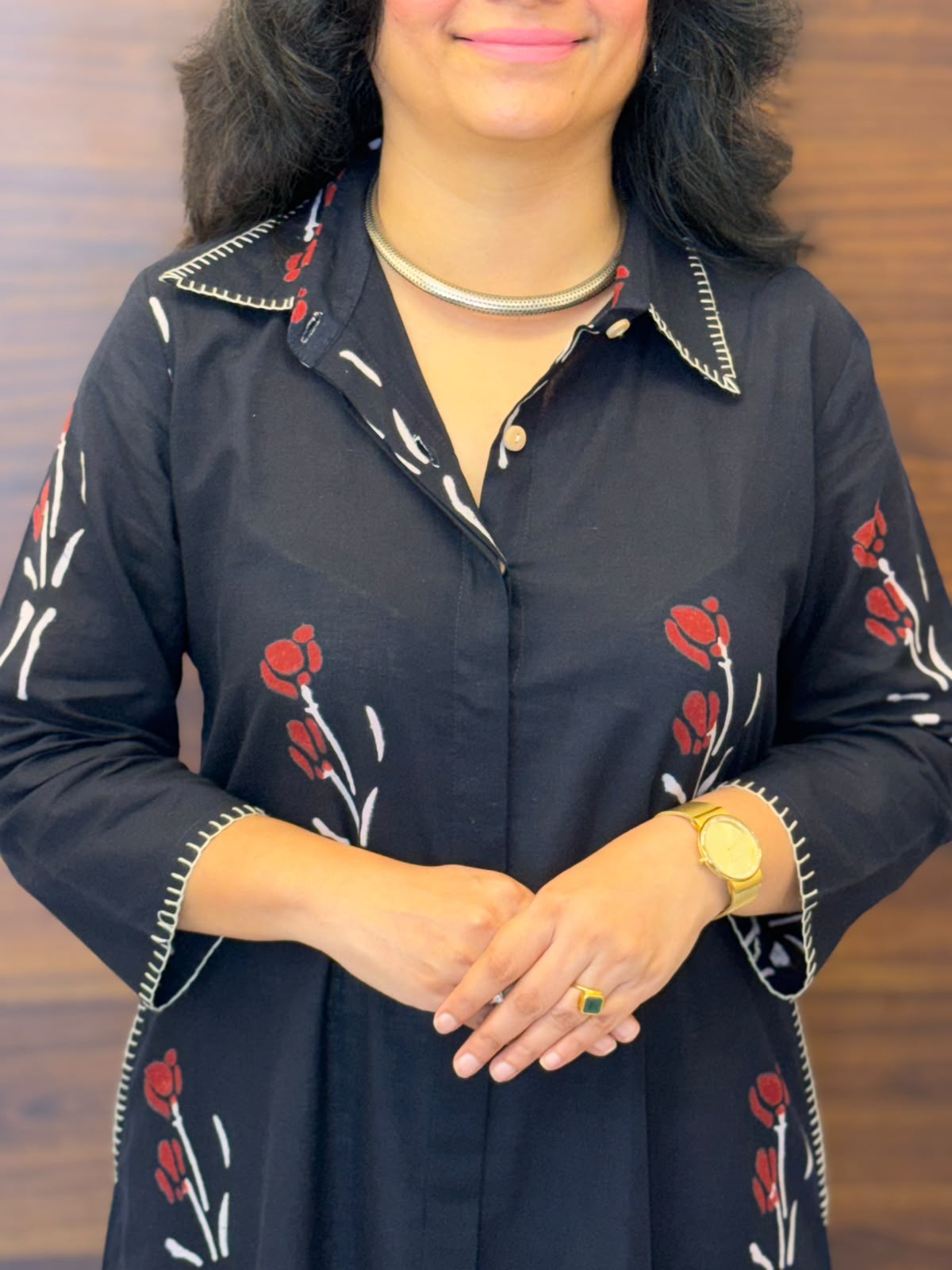 Black Color Hand Block Printed Dabu Cotton A Line Kurti
