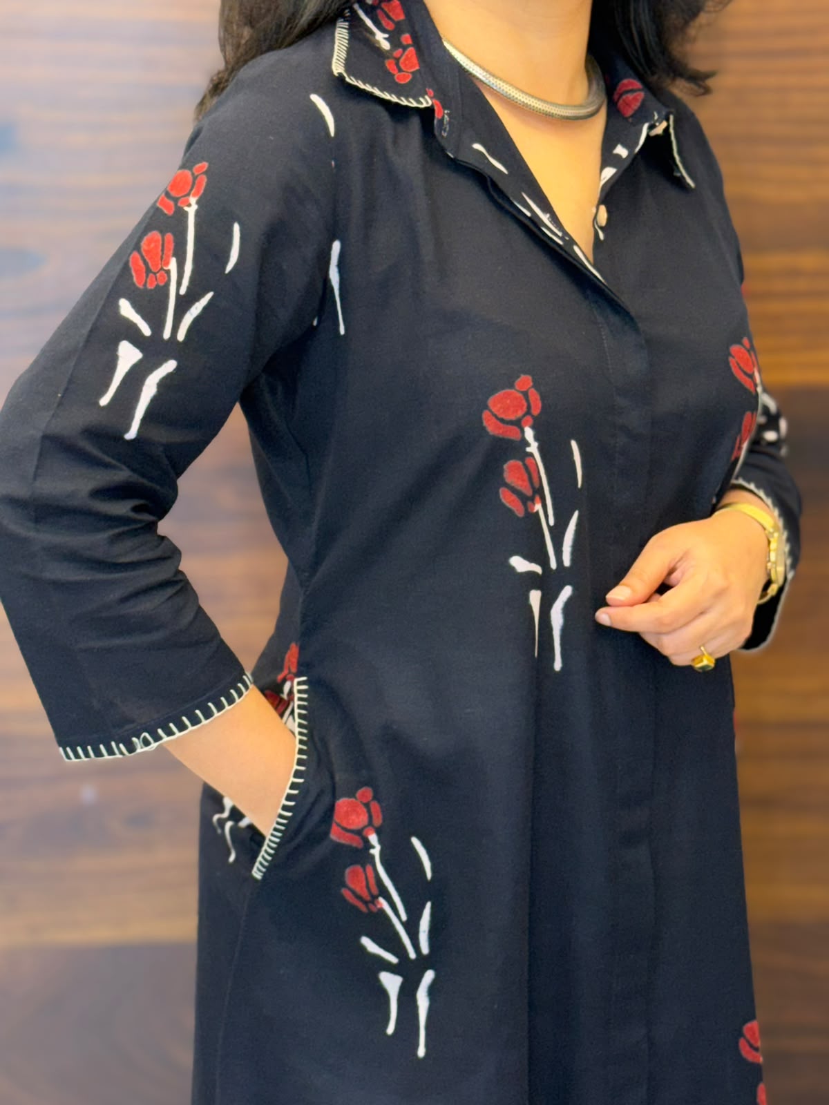 Black Color Hand Block Printed Dabu Cotton A Line Kurti
