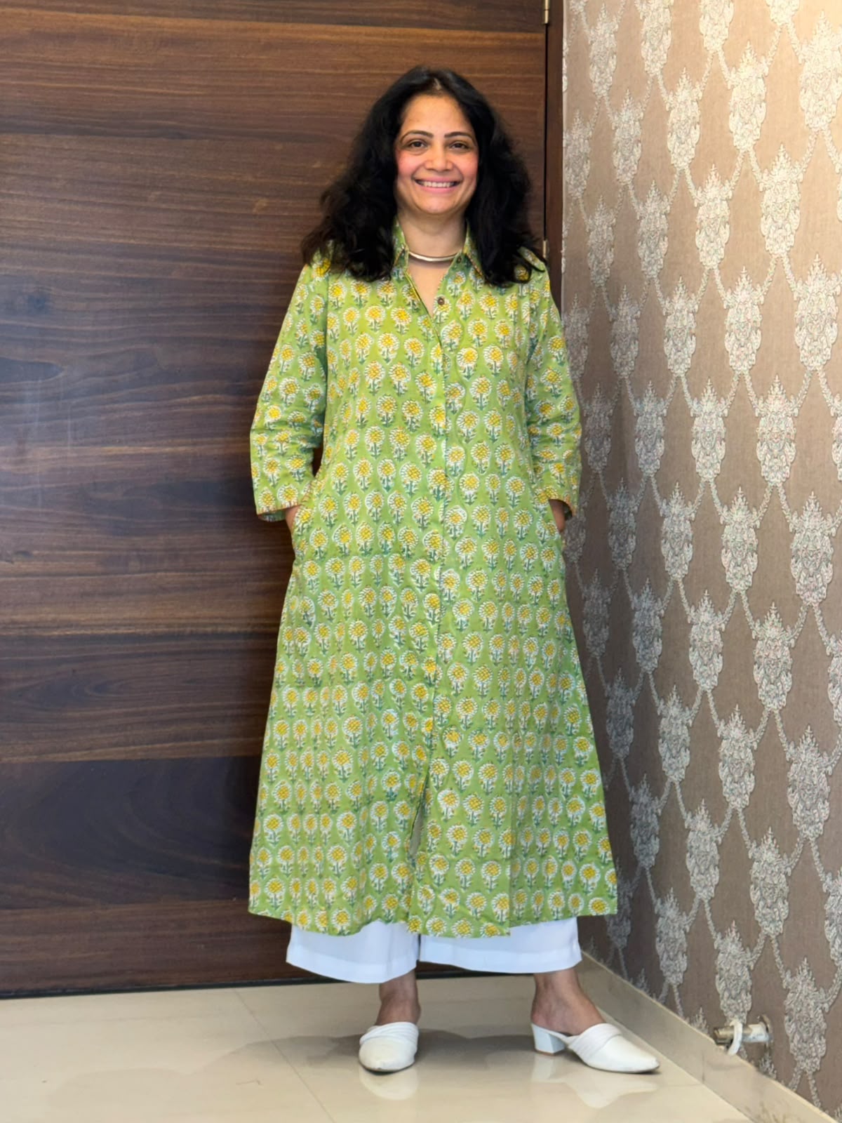 Lime Green With Yellow Floral Hand Block Printed Dabu Cotton A Line Kurti