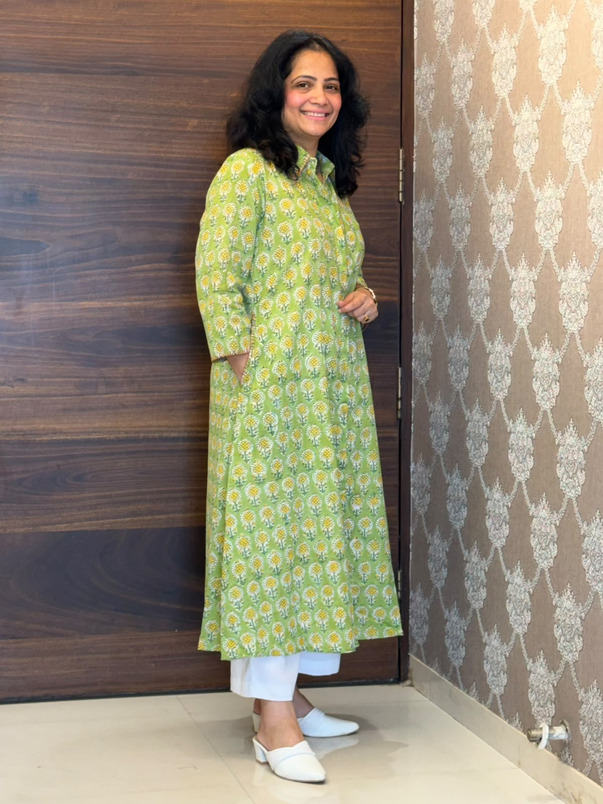 Lime Green With Yellow Floral Hand Block Printed Dabu Cotton A Line Kurti