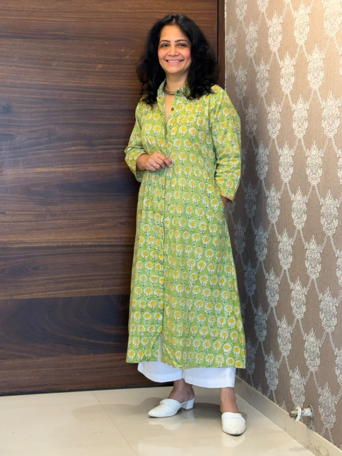 Lime Green With Yellow Floral Hand Block Printed Dabu Cotton A Line Kurti
