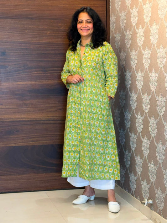 Lime Green With Yellow Floral Hand Block Printed Dabu Cotton A Line Kurti